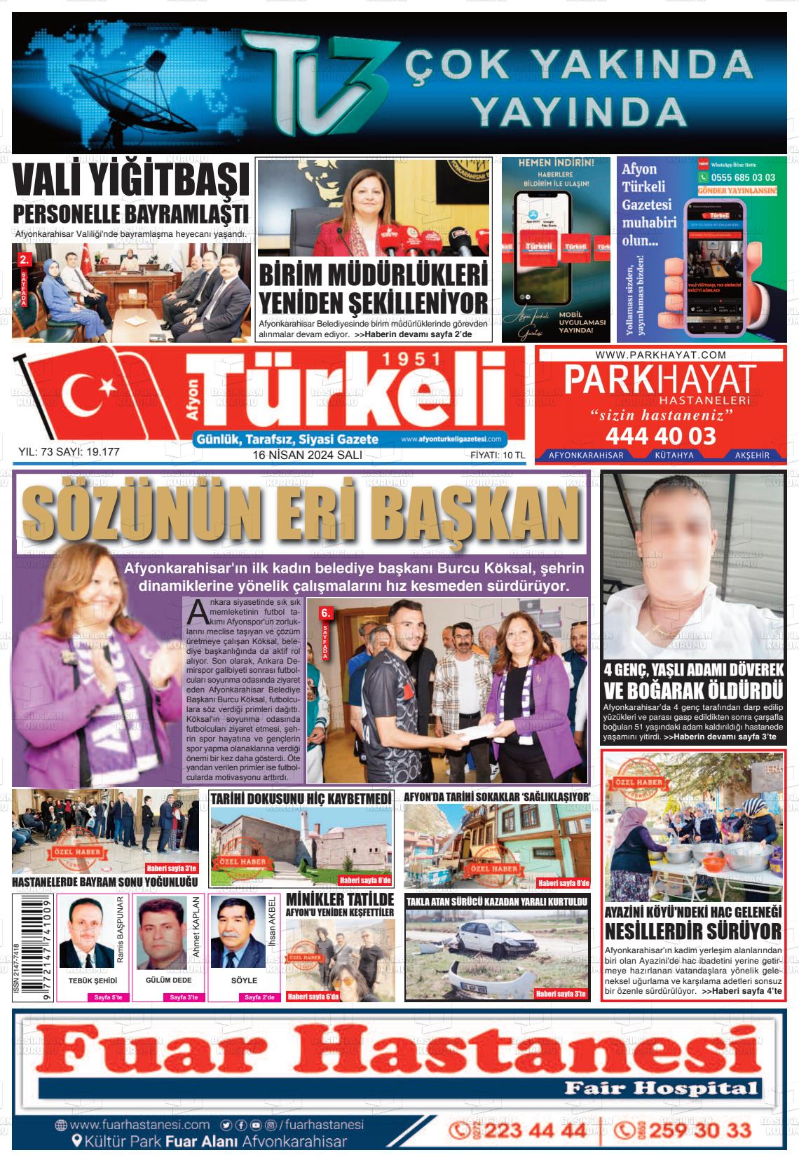 18 Nisan 2024 Afyon Türkeli Gazete Manşeti