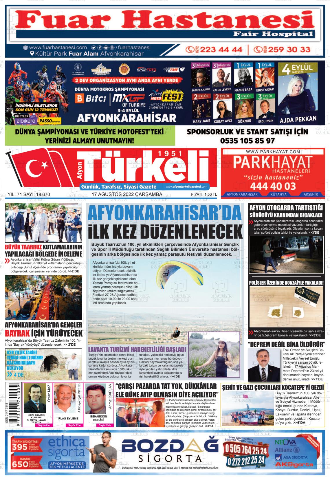 17 Ağustos 2022 Afyon Türkeli Gazete Manşeti