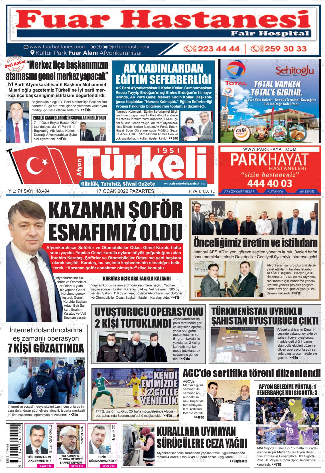 17 Ocak 2022 Afyon Türkeli Gazete Manşeti