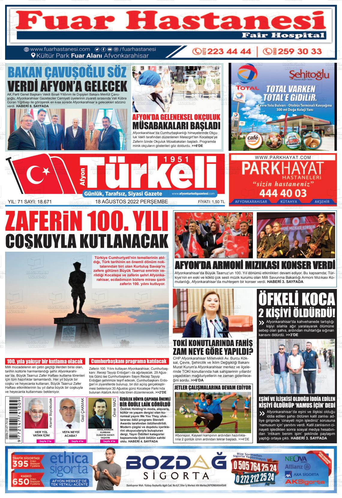 18 Ağustos 2022 Afyon Türkeli Gazete Manşeti