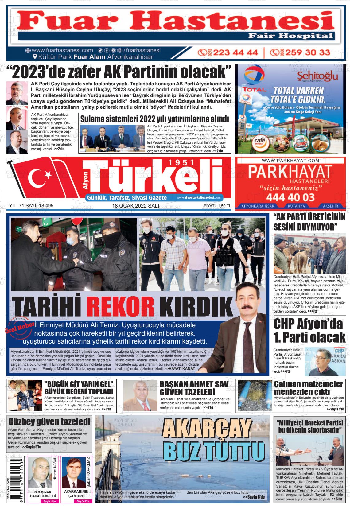 18 Ocak 2022 Afyon Türkeli Gazete Manşeti