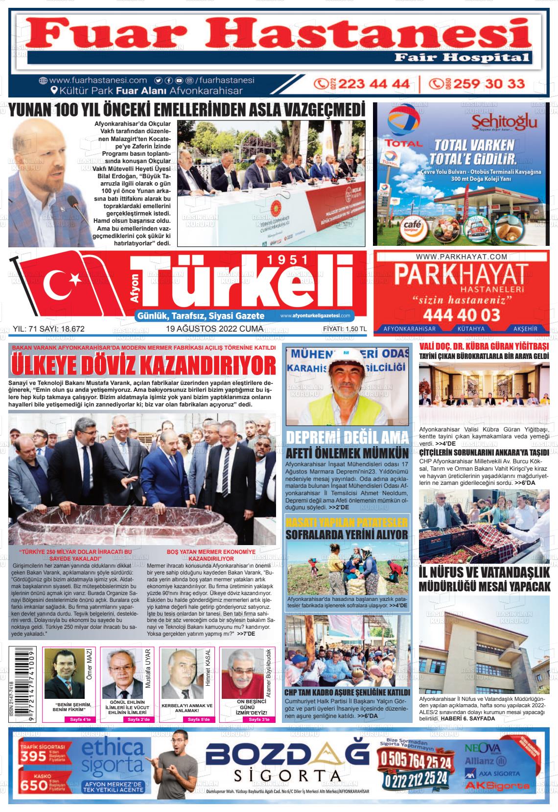 19 Ağustos 2022 Afyon Türkeli Gazete Manşeti