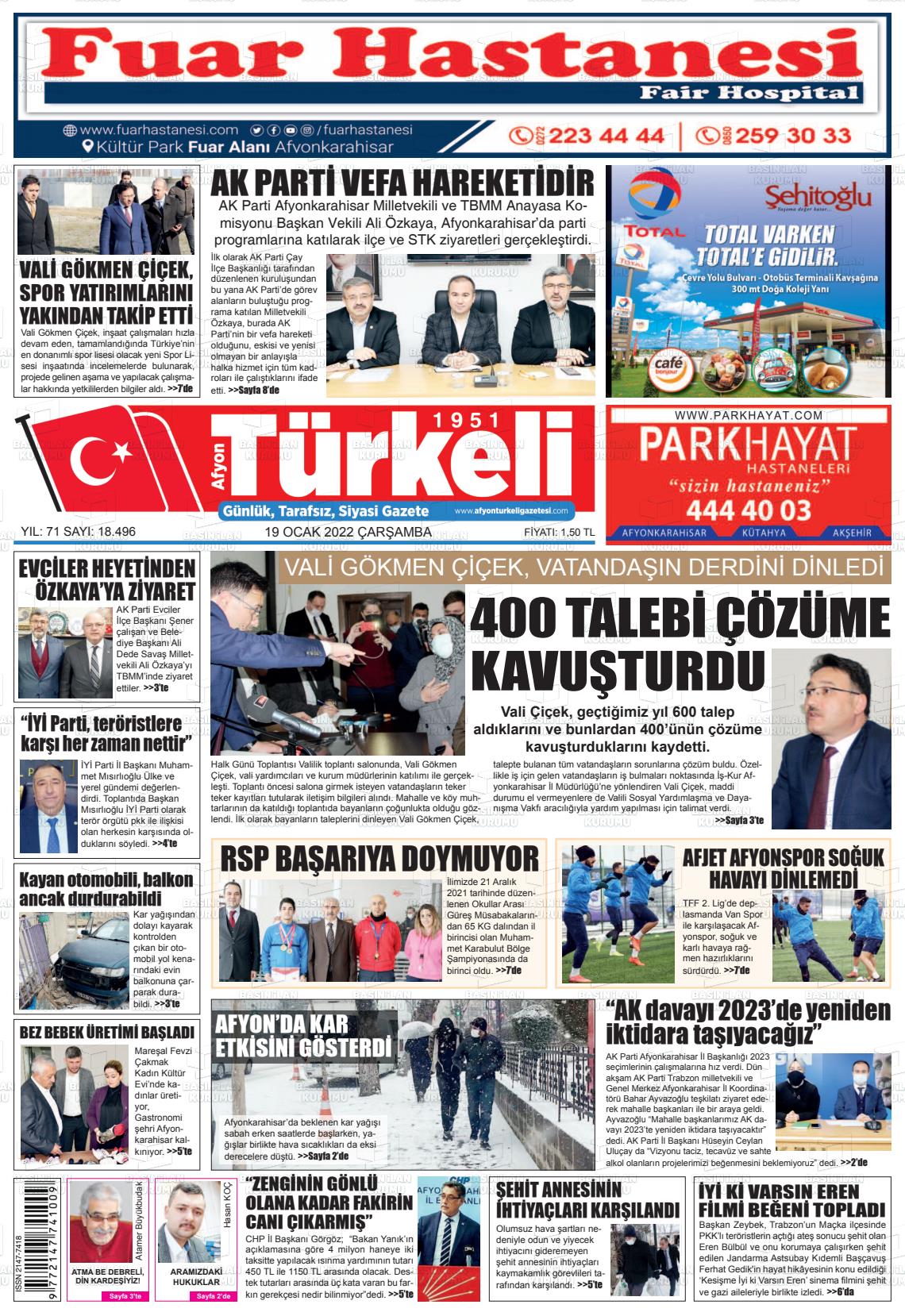 19 Ocak 2022 Afyon Türkeli Gazete Manşeti