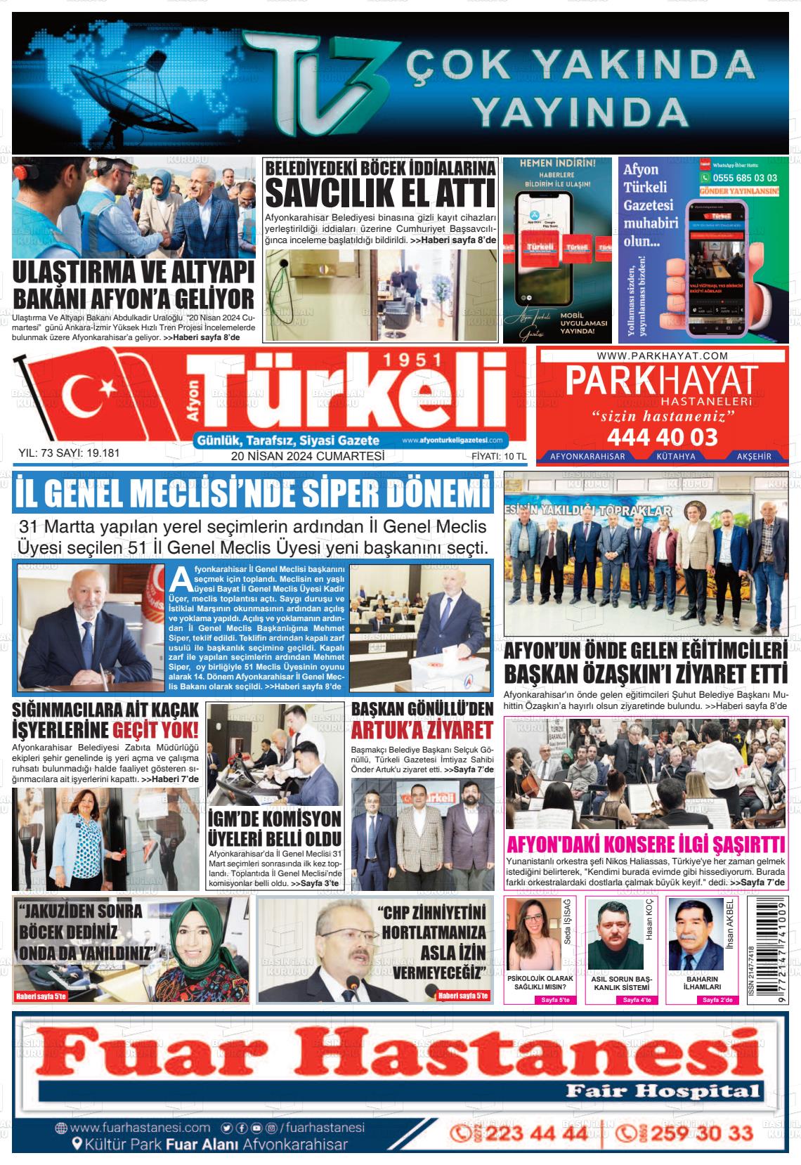 20 Nisan 2024 Afyon Türkeli Gazete Manşeti