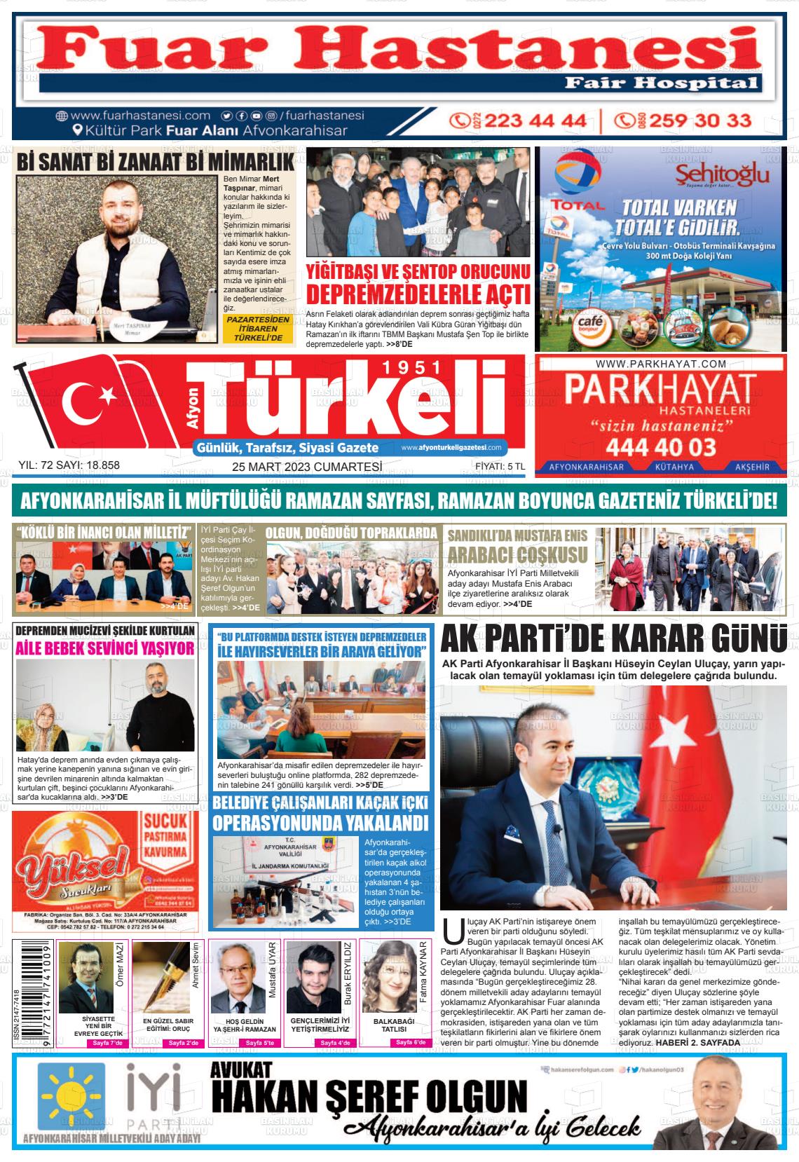25 Mart 2023 Afyon Türkeli Gazete Manşeti