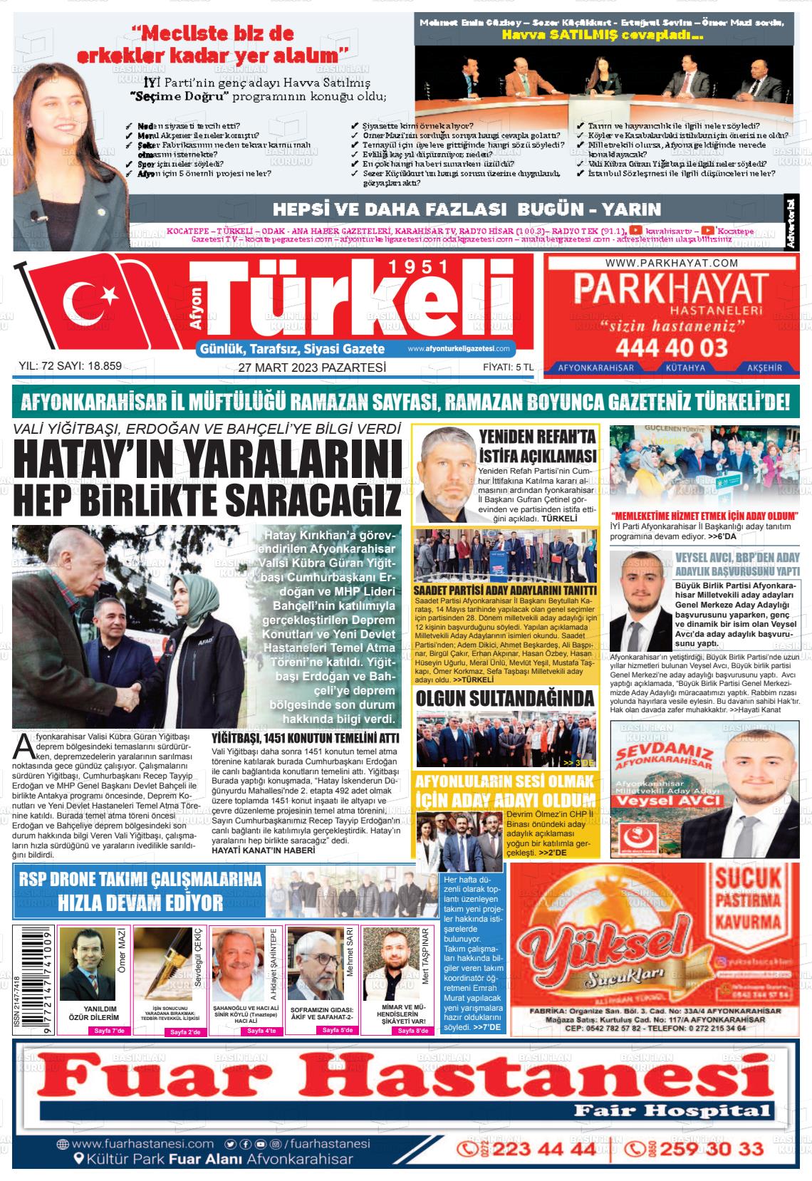 27 Mart 2023 Afyon Türkeli Gazete Manşeti