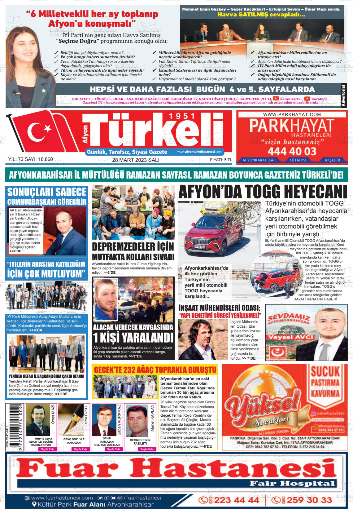 28 Mart 2023 Afyon Türkeli Gazete Manşeti