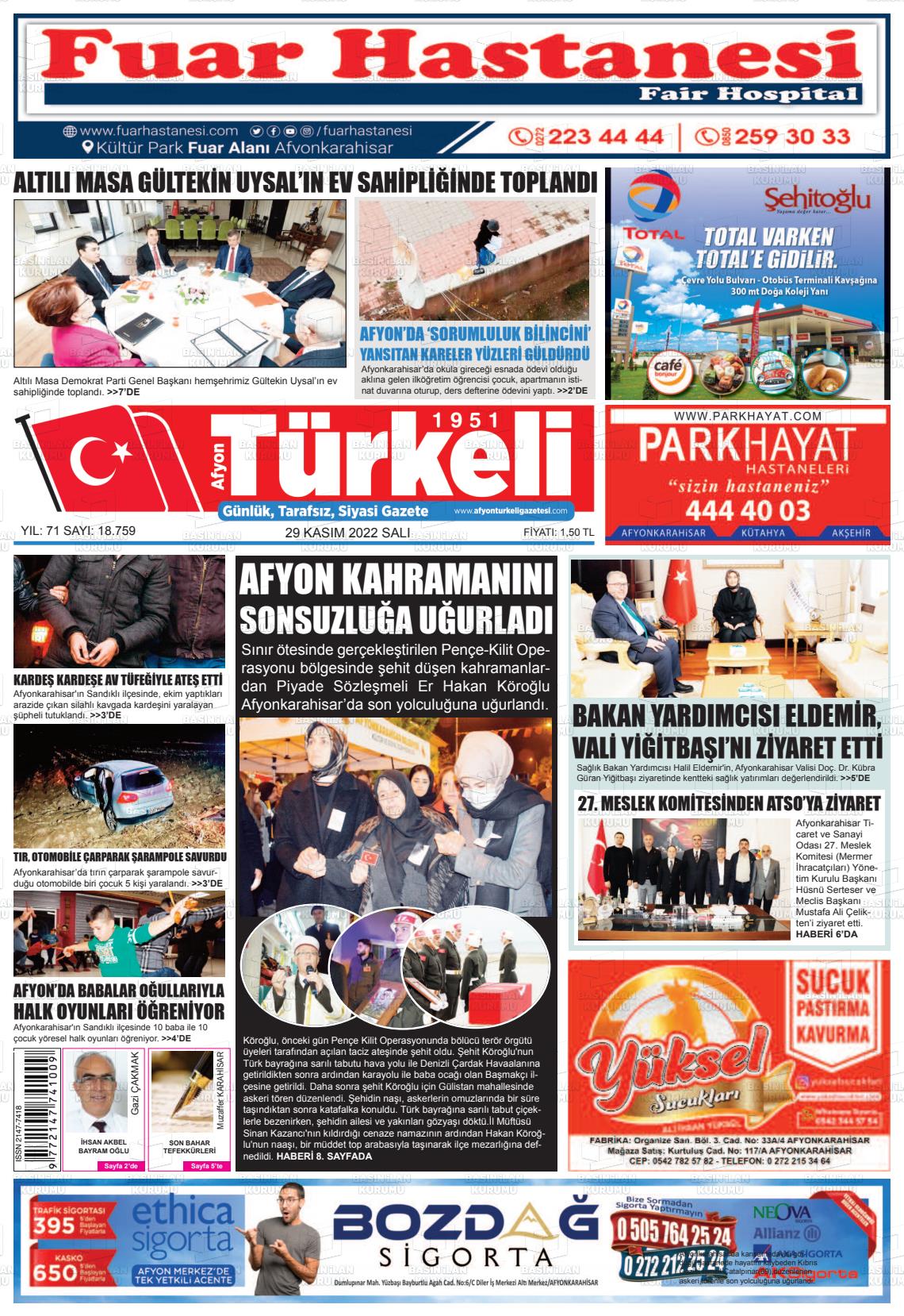 29 Kasım 2022 Afyon Türkeli Gazete Manşeti