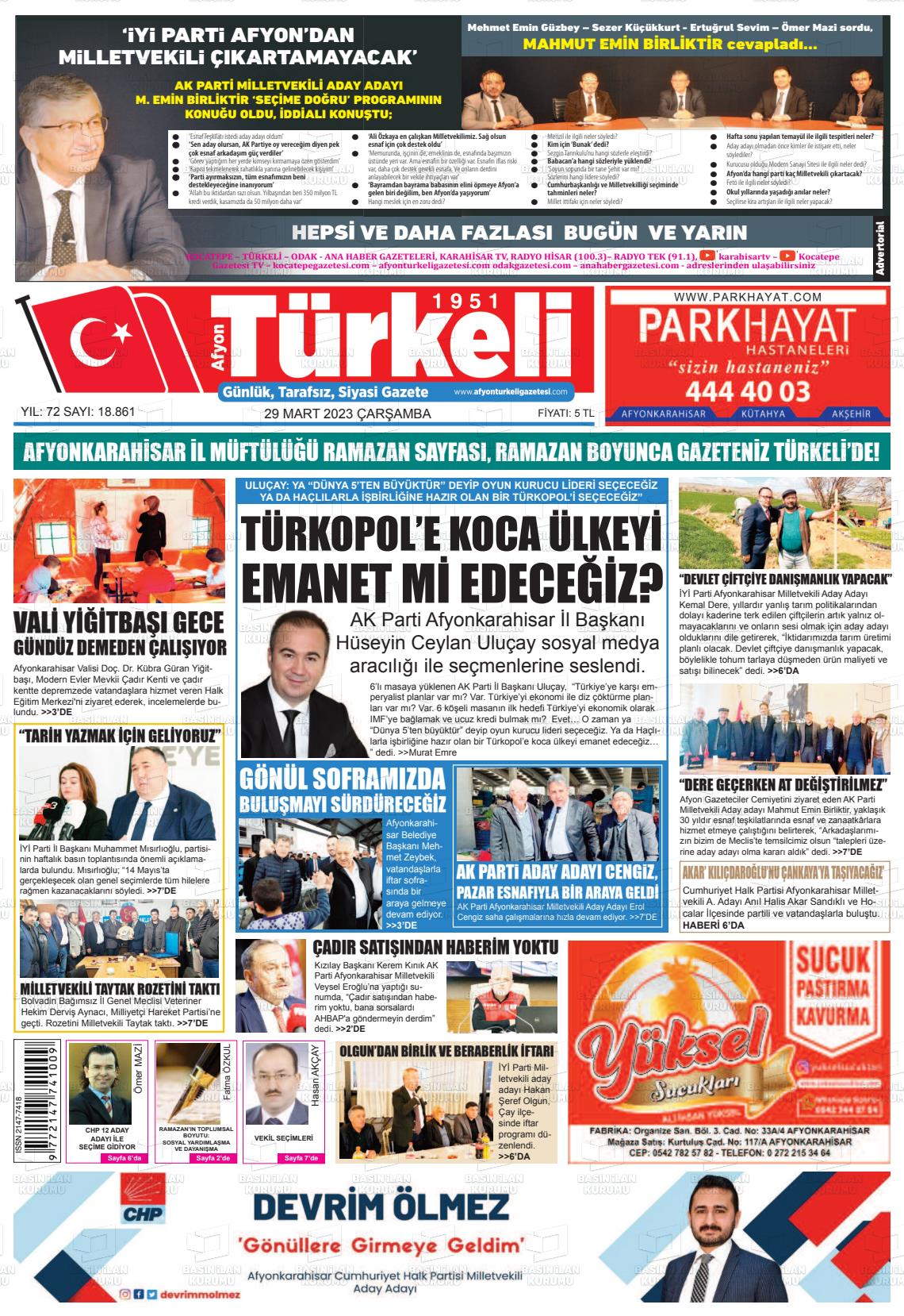 29 Mart 2023 Afyon Türkeli Gazete Manşeti