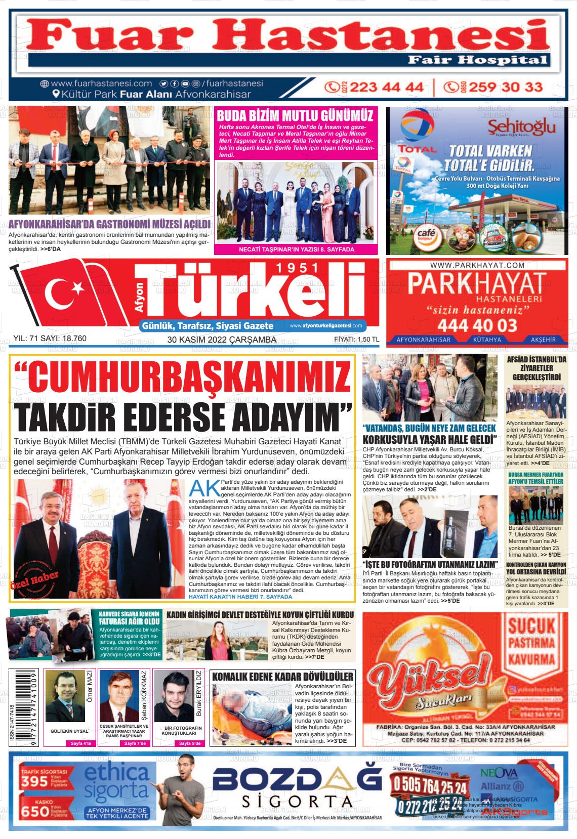 30 Kasım 2022 Afyon Türkeli Gazete Manşeti