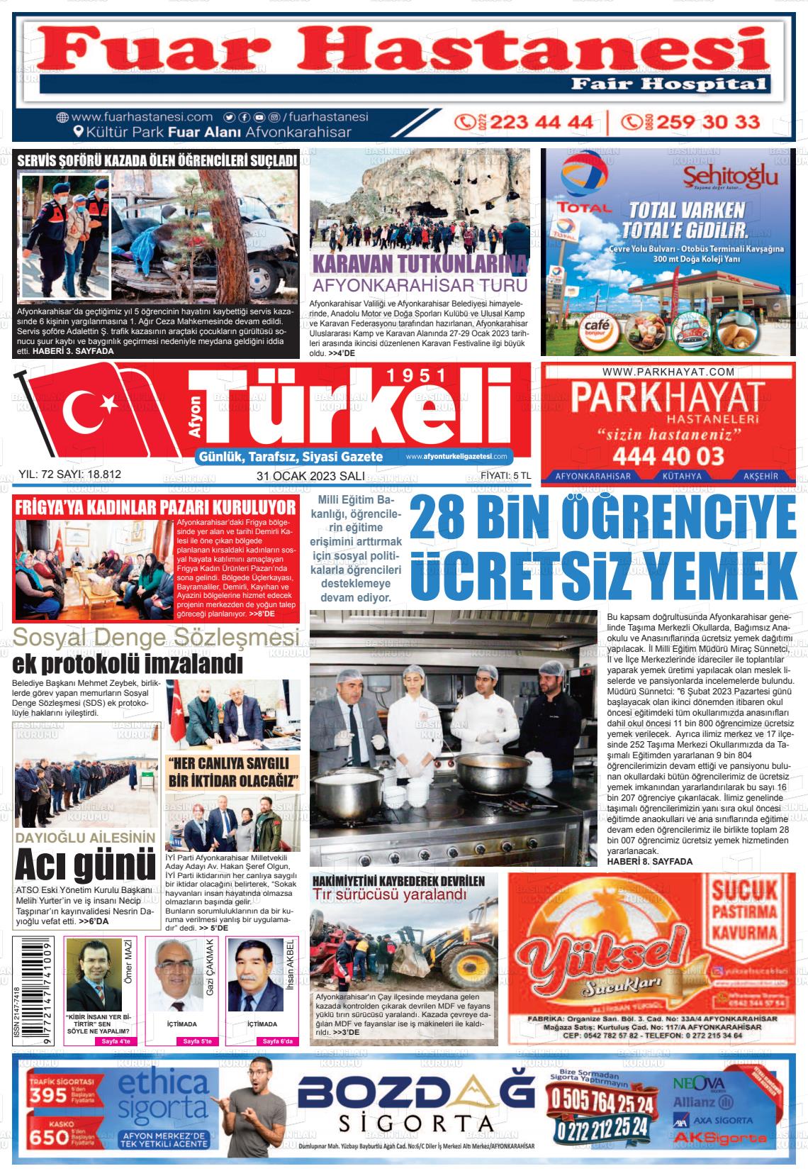 31 Ocak 2023 Afyon Türkeli Gazete Manşeti