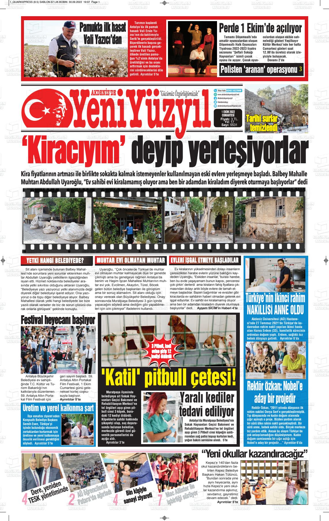 01 Ekim 2022 Akdenizde Yeni Yüzyıl Gazete Manşeti