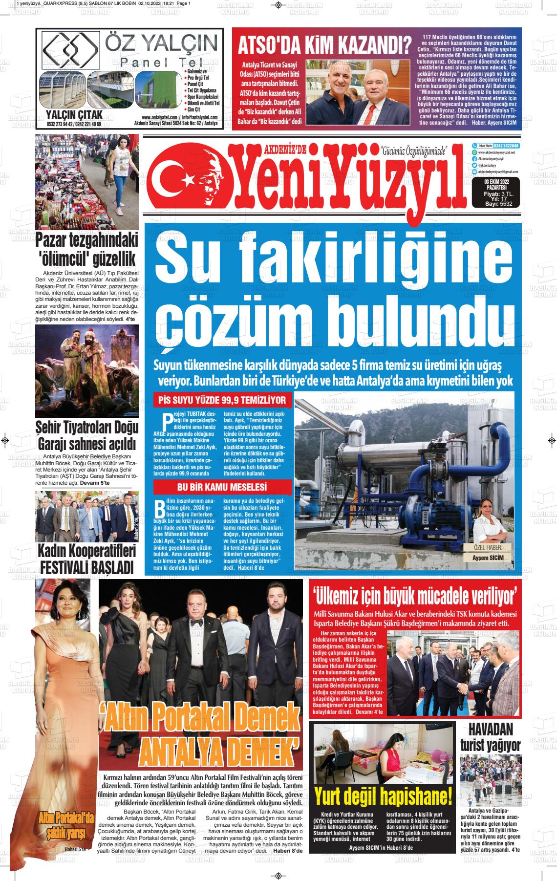 03 Ekim 2022 Akdenizde Yeni Yüzyıl Gazete Manşeti