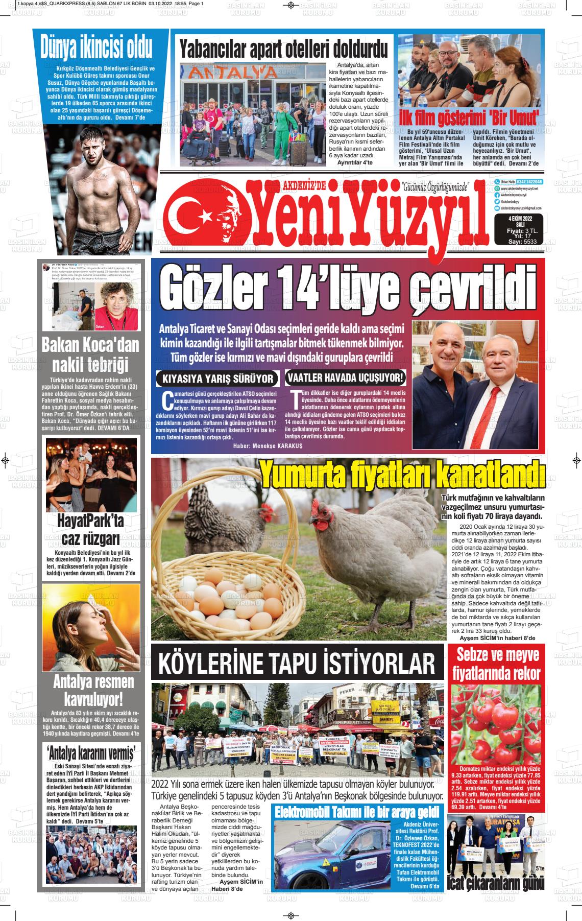 04 Ekim 2022 Akdenizde Yeni Yüzyıl Gazete Manşeti