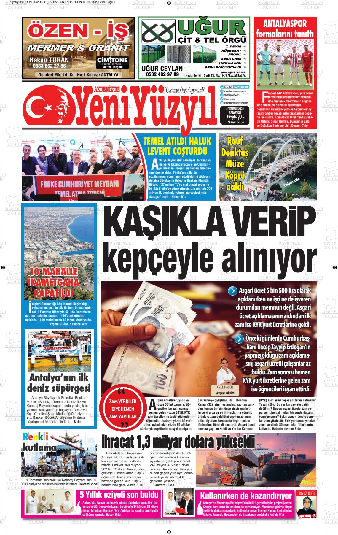 04 Temmuz 2022 Akdenizde Yeni Yüzyıl Gazete Manşeti