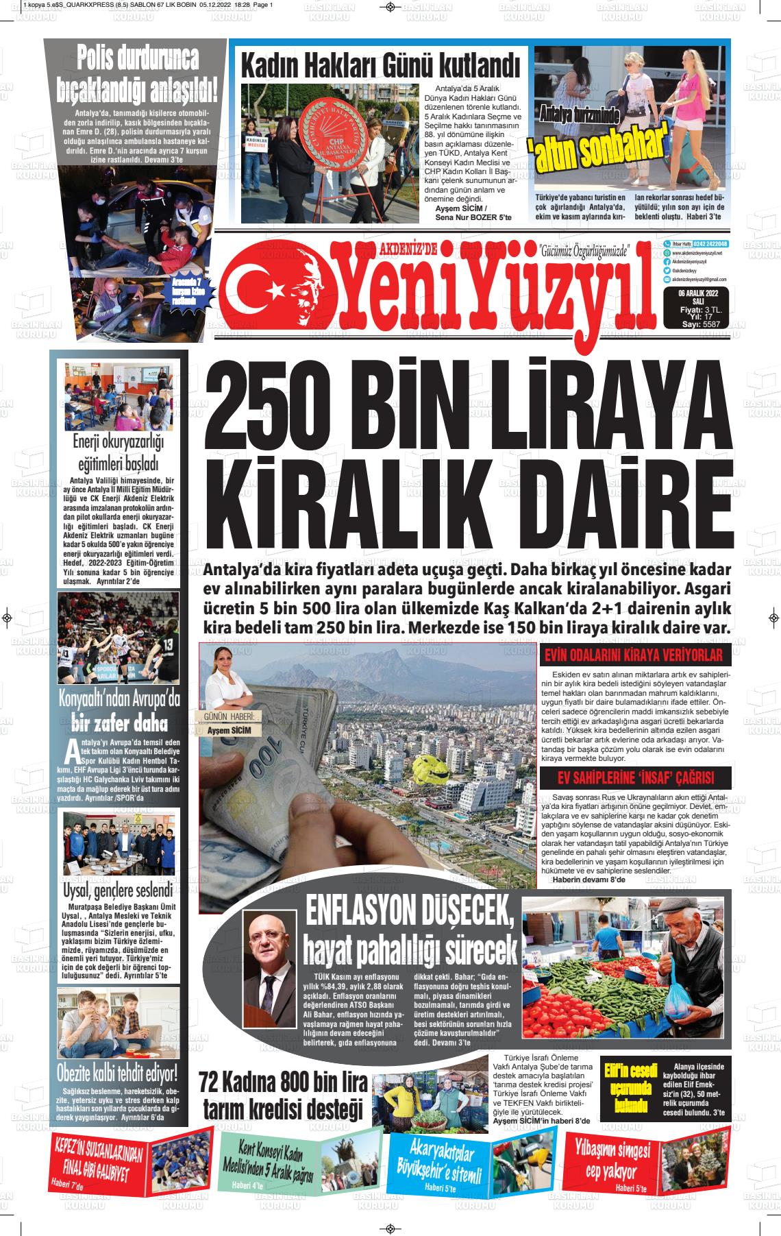 06 Aralık 2022 Akdenizde Yeni Yüzyıl Gazete Manşeti