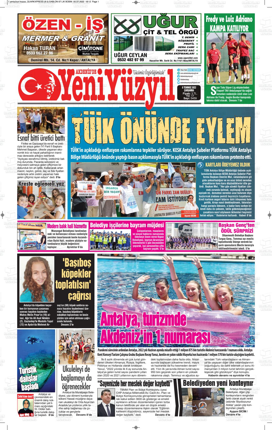 06 Temmuz 2022 Akdenizde Yeni Yüzyıl Gazete Manşeti