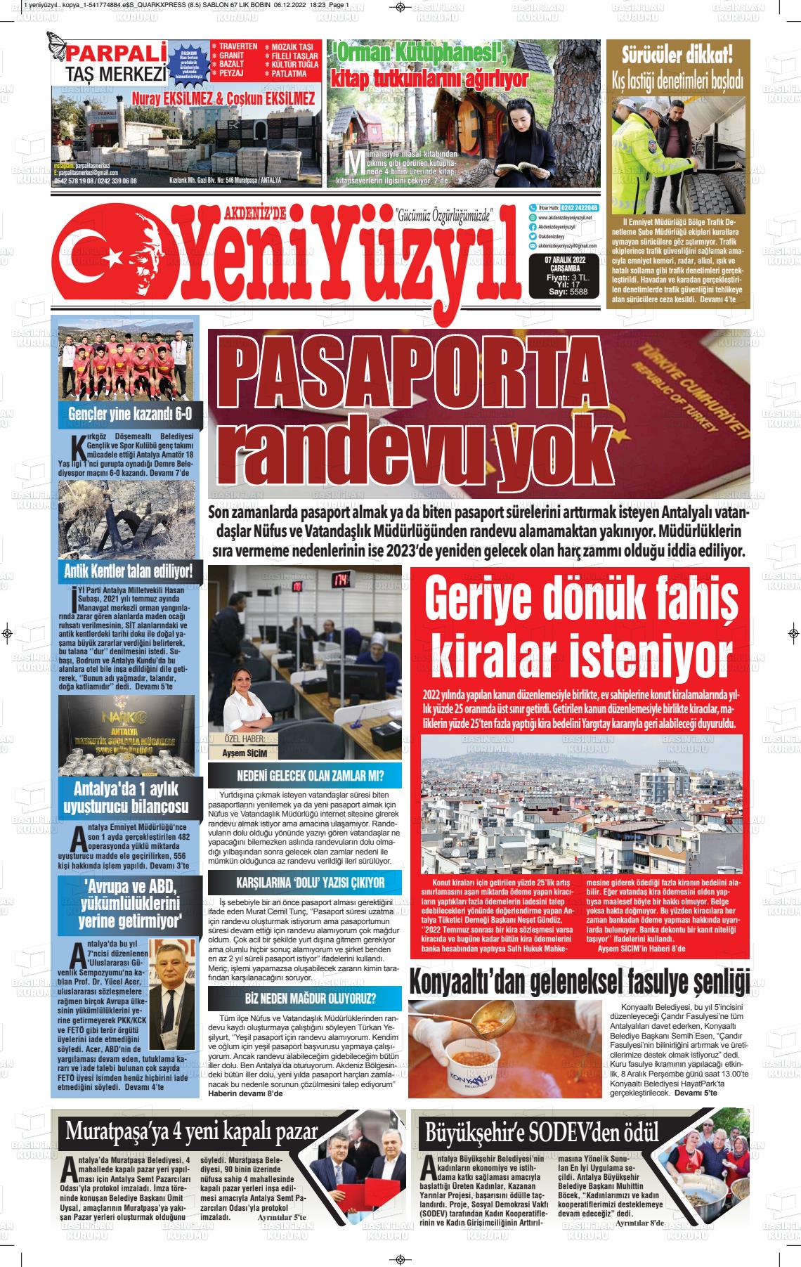 07 Aralık 2022 Akdenizde Yeni Yüzyıl Gazete Manşeti