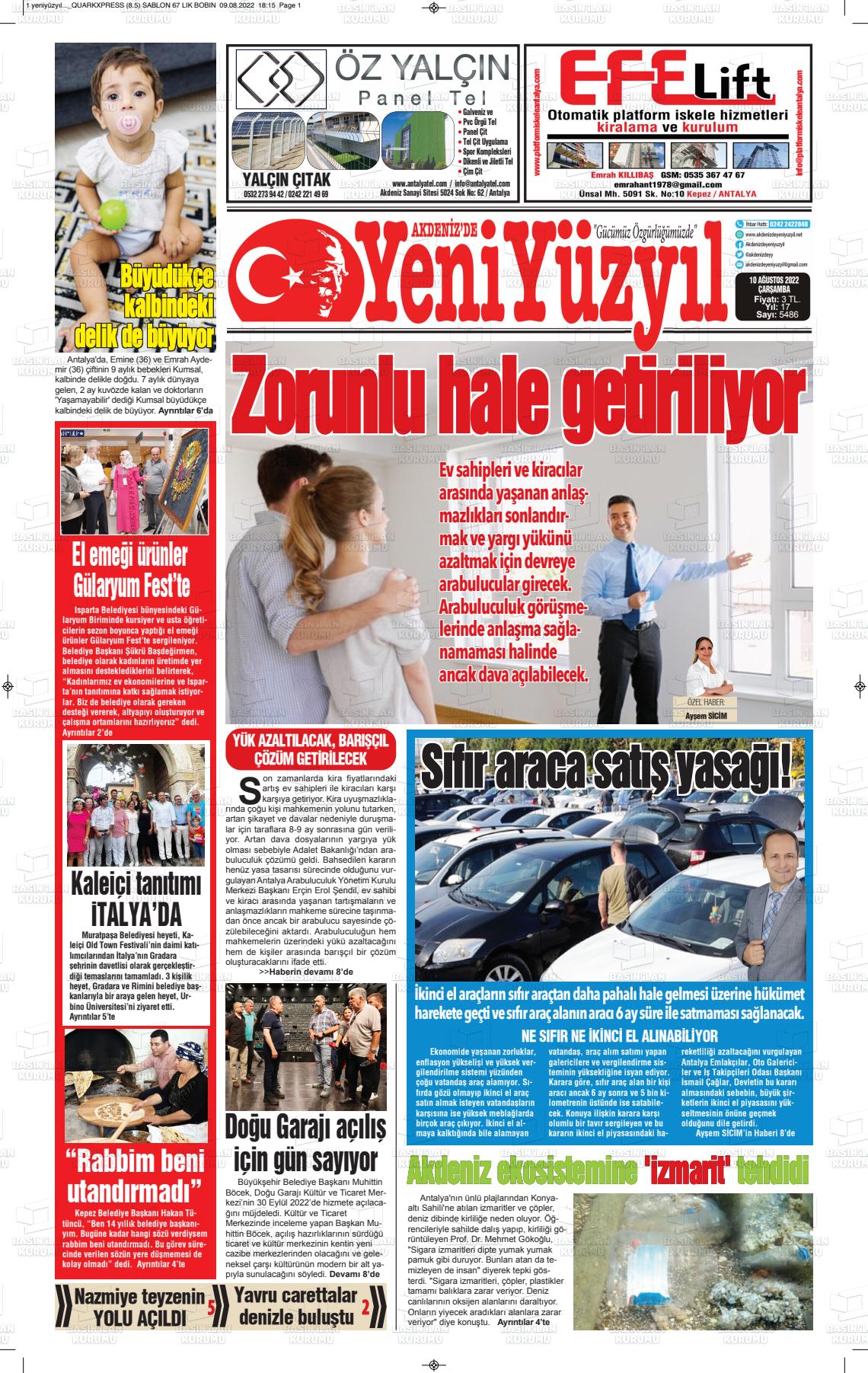 10 Ağustos 2022 Akdenizde Yeni Yüzyıl Gazete Manşeti