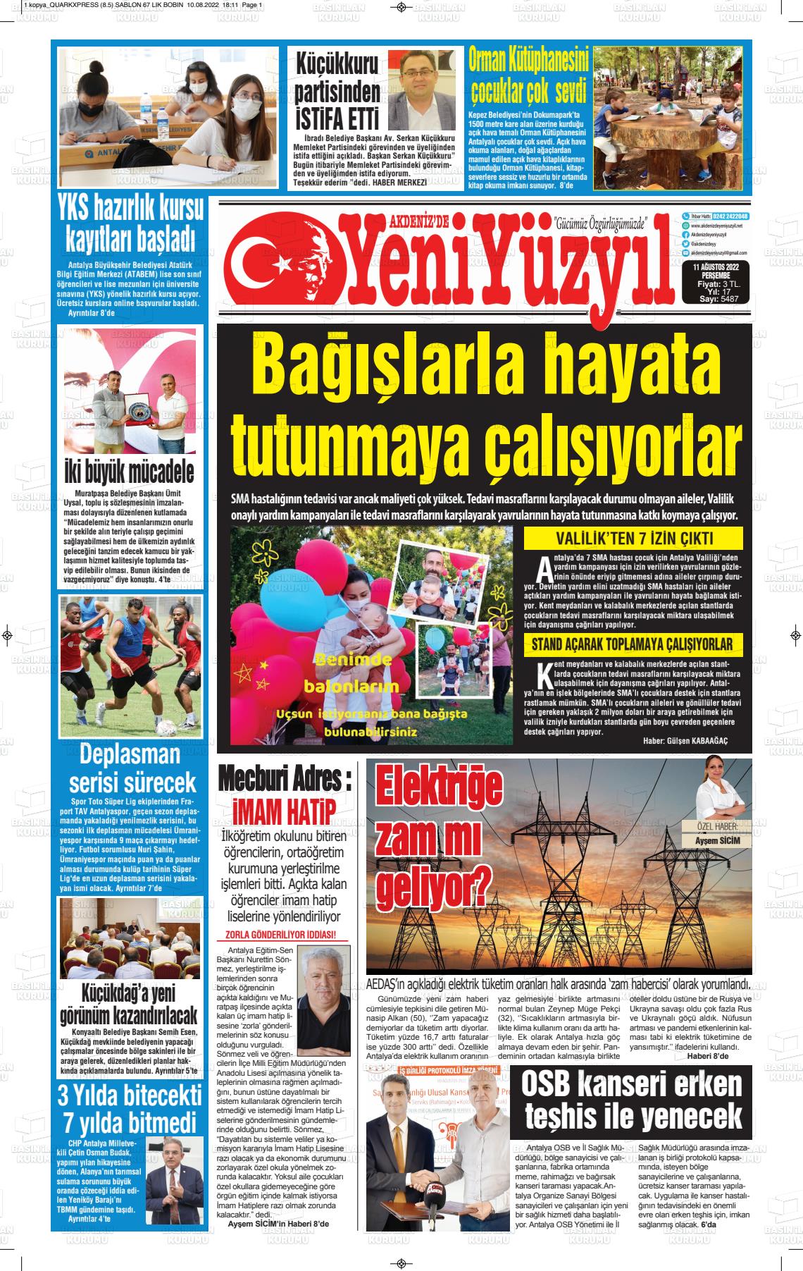 11 Ağustos 2022 Akdenizde Yeni Yüzyıl Gazete Manşeti