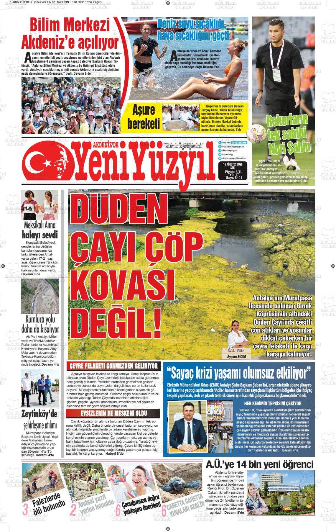 16 Ağustos 2022 Akdenizde Yeni Yüzyıl Gazete Manşeti