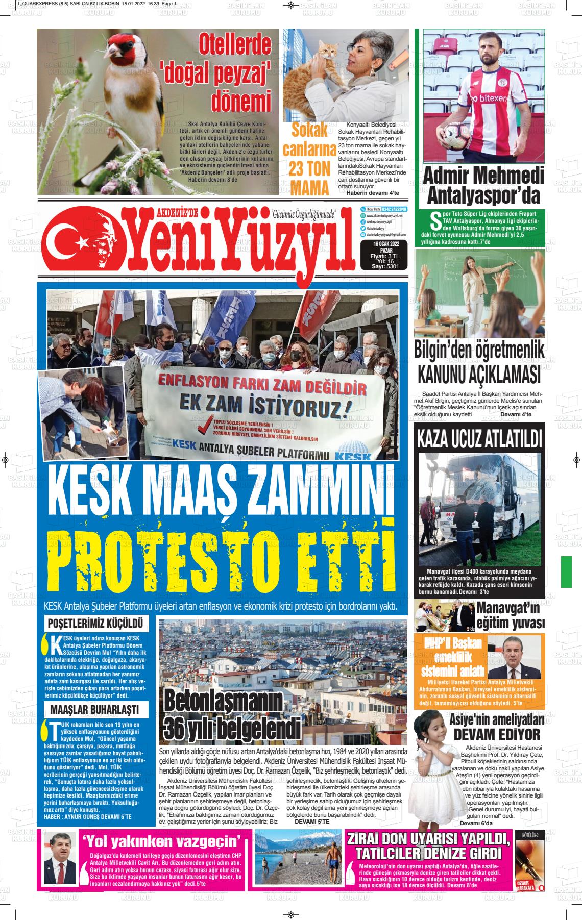 16 Ocak 2022 Akdenizde Yeni Yüzyıl Gazete Manşeti