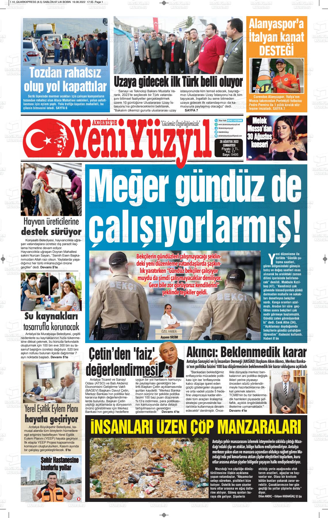20 Ağustos 2022 Akdenizde Yeni Yüzyıl Gazete Manşeti