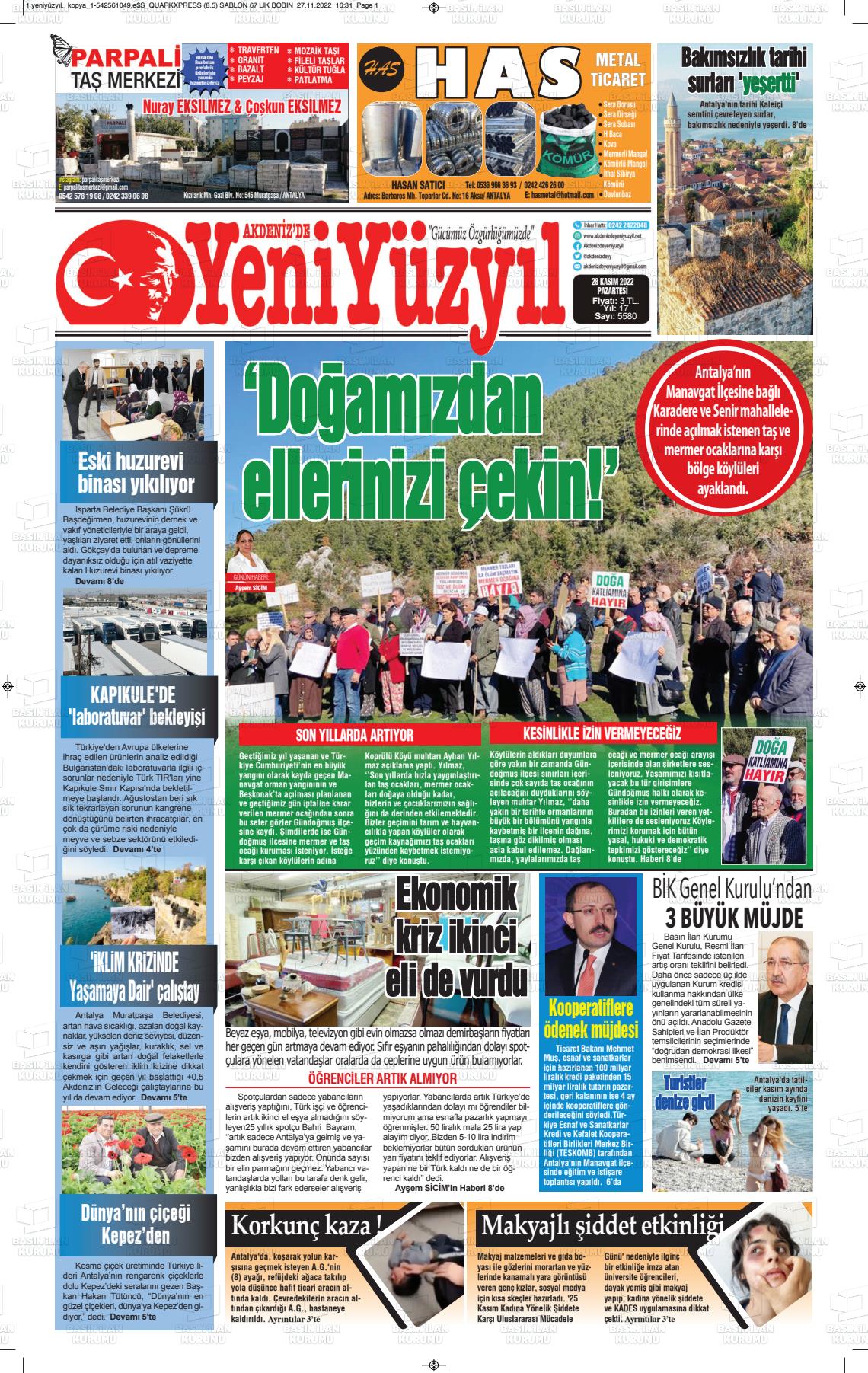 28 Kasım 2022 Akdenizde Yeni Yüzyıl Gazete Manşeti
