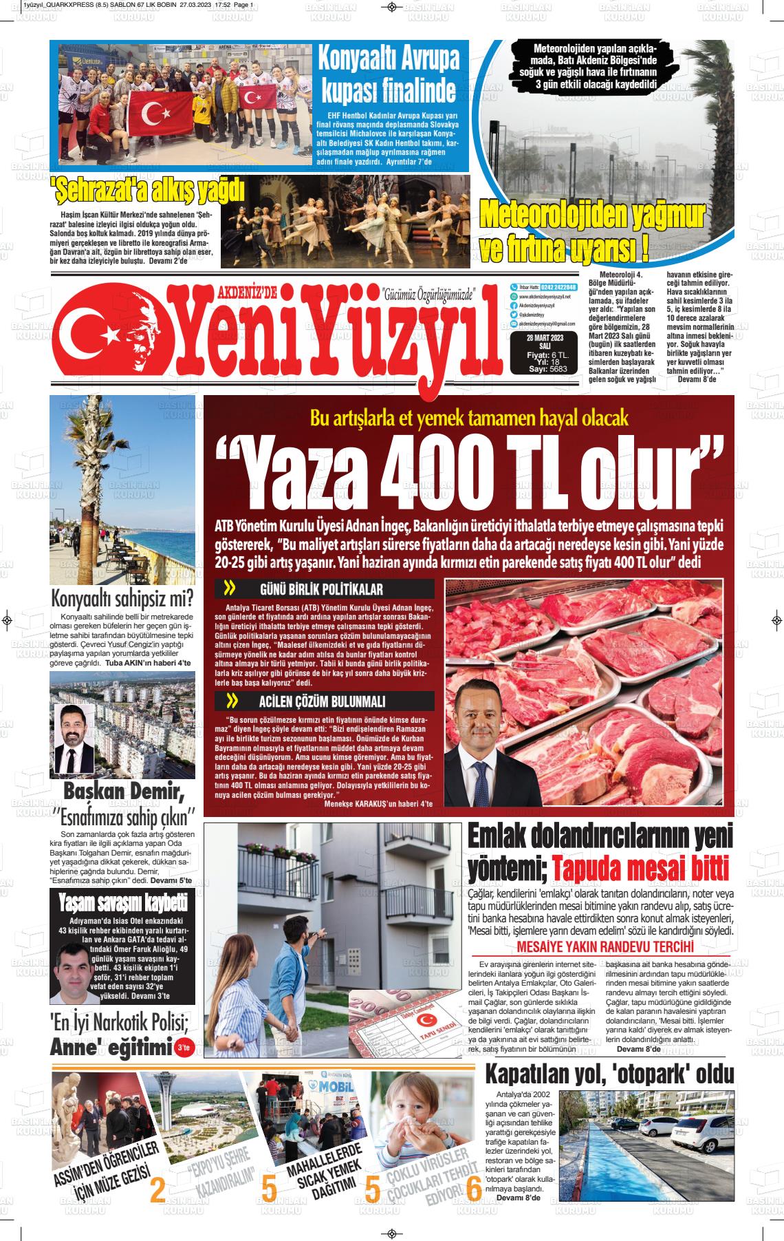 28 Mart 2023 Akdenizde Yeni Yüzyıl Gazete Manşeti
