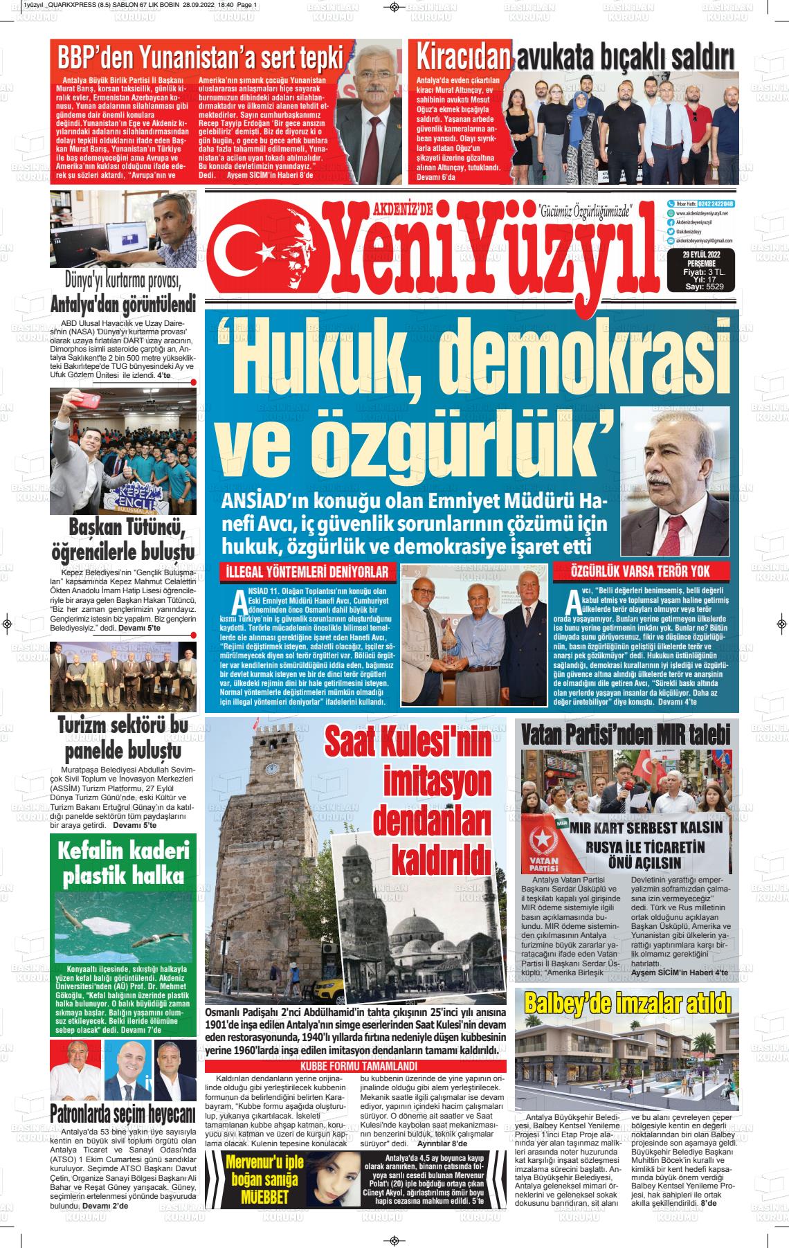29 Eylül 2022 Akdenizde Yeni Yüzyıl Gazete Manşeti