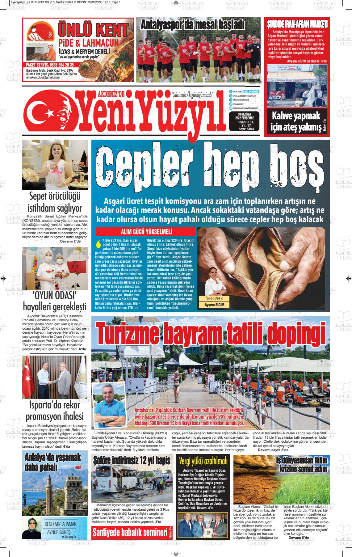 01 Temmuz 2022 Akdenizde Yeni Yüzyıl Gazete Manşeti