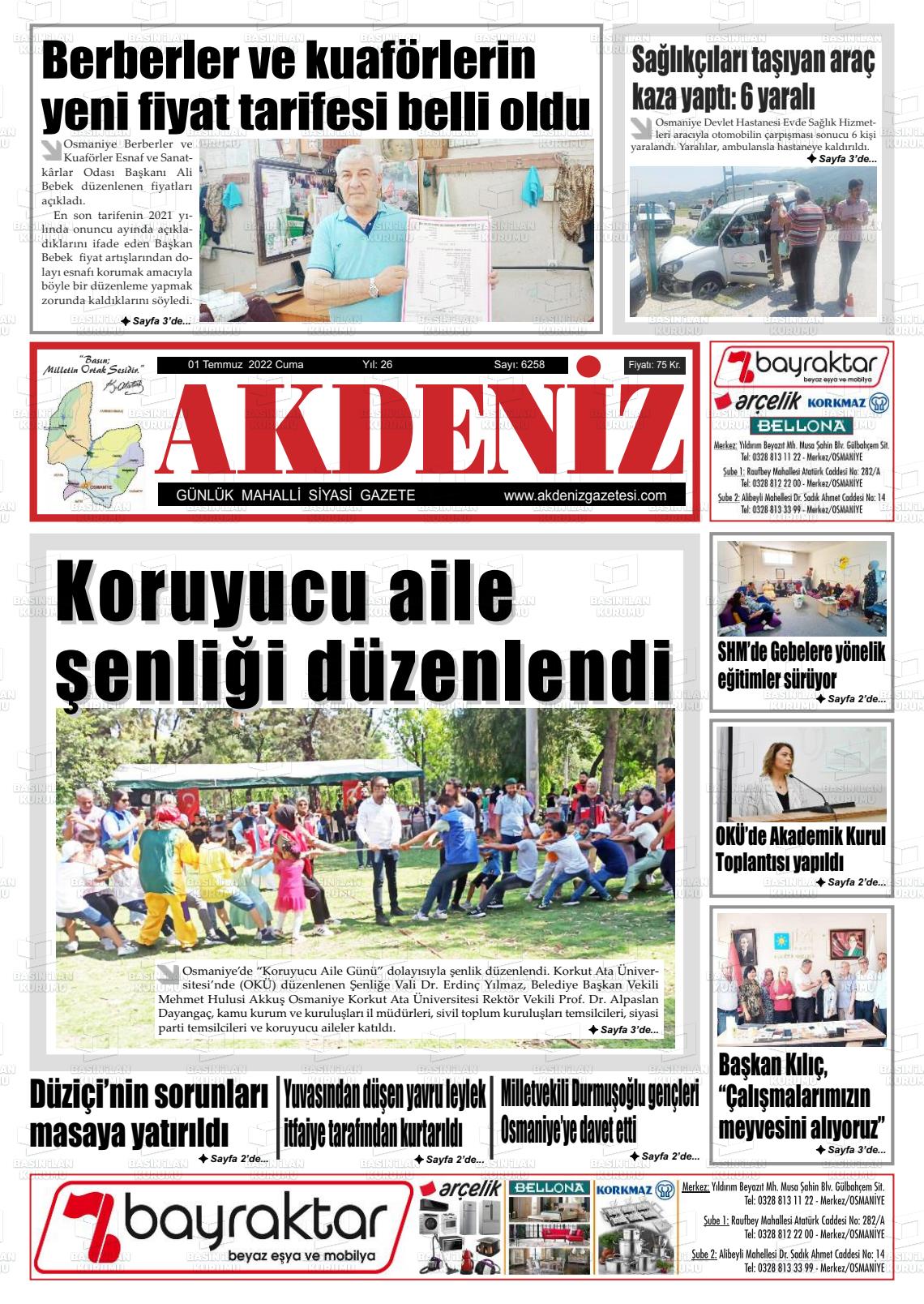 01 Temmuz 2022 Osmaniye Akdeniz Gazete Manşeti
