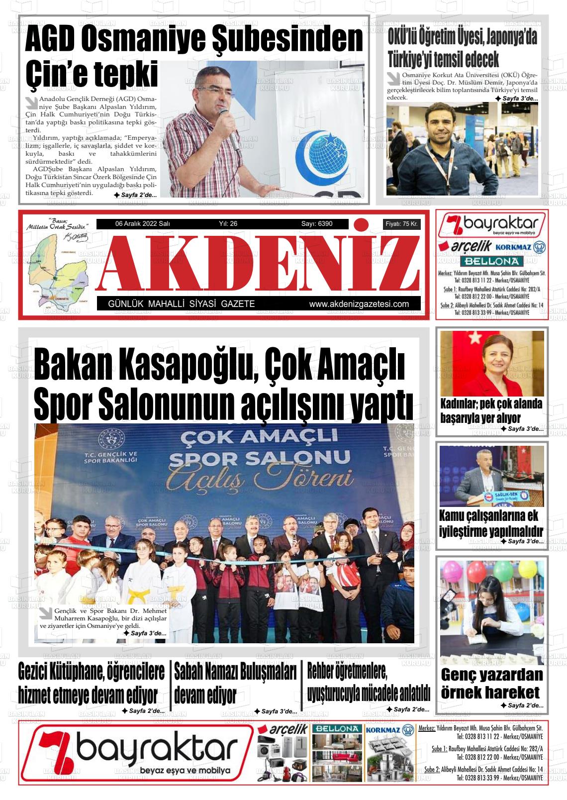 06 Aralık 2022 Osmaniye Akdeniz Gazete Manşeti