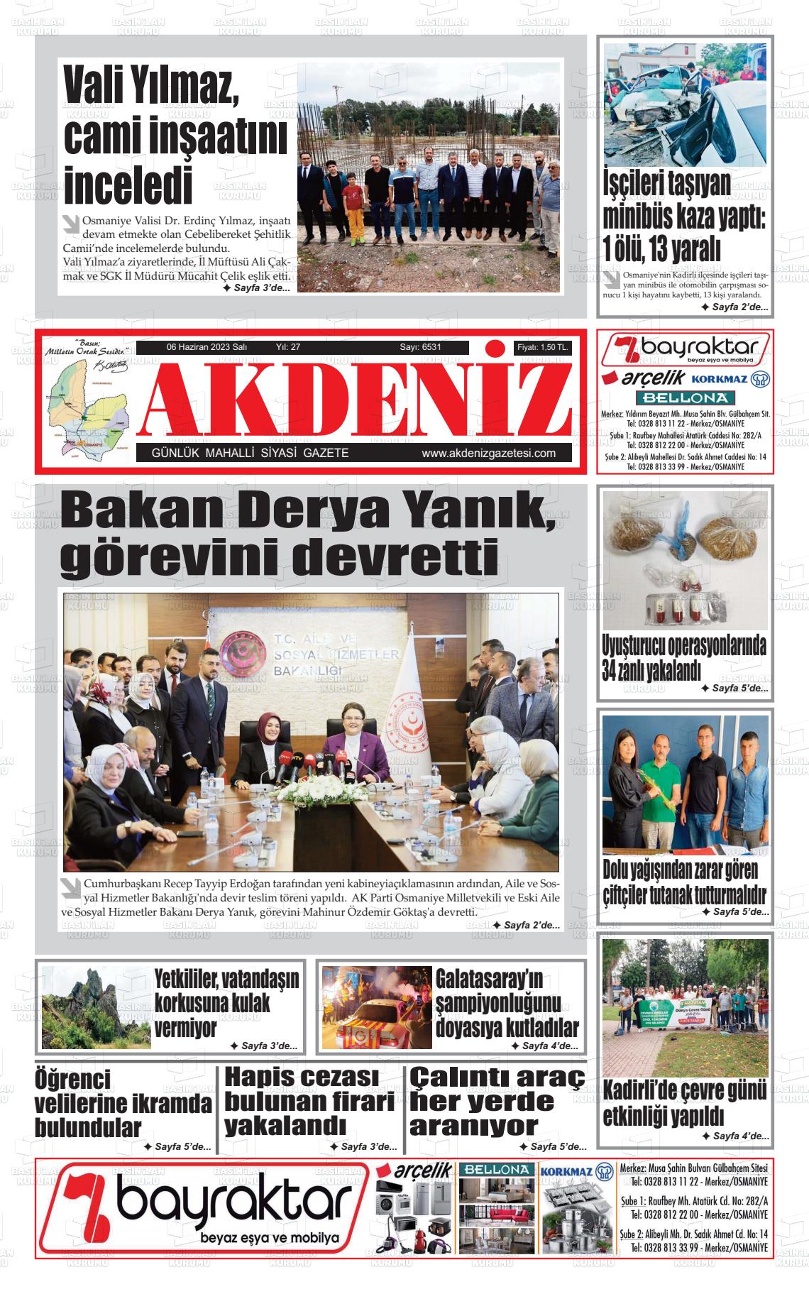 06 Haziran 2023 Osmaniye Akdeniz Gazete Manşeti