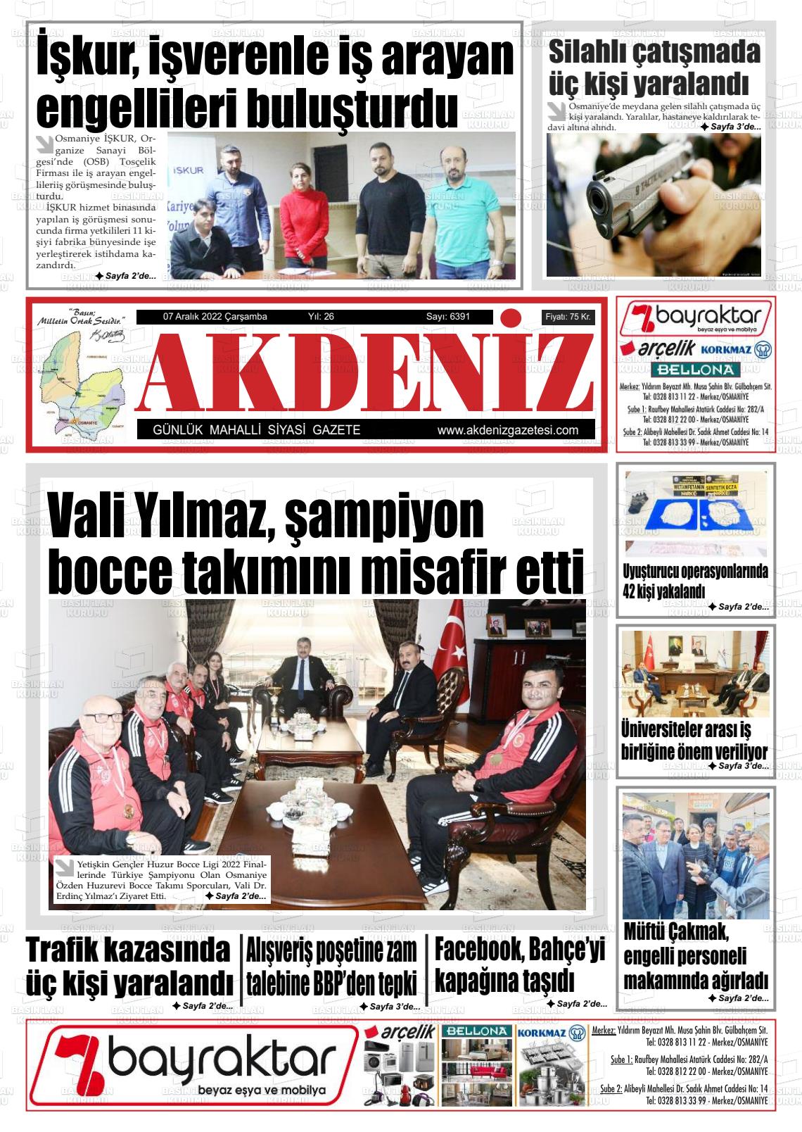 07 Aralık 2022 Osmaniye Akdeniz Gazete Manşeti