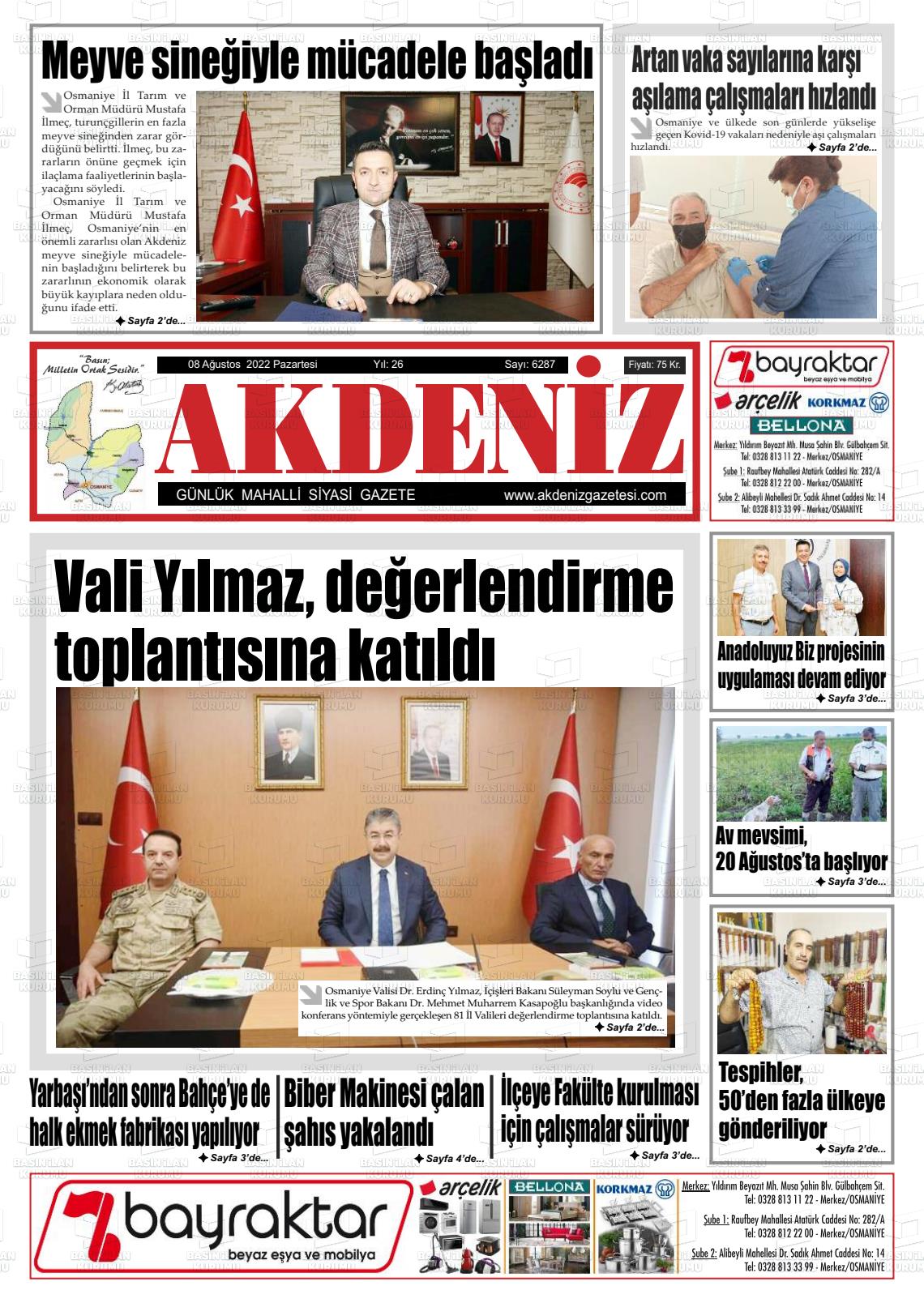 08 Ağustos 2022 Osmaniye Akdeniz Gazete Manşeti