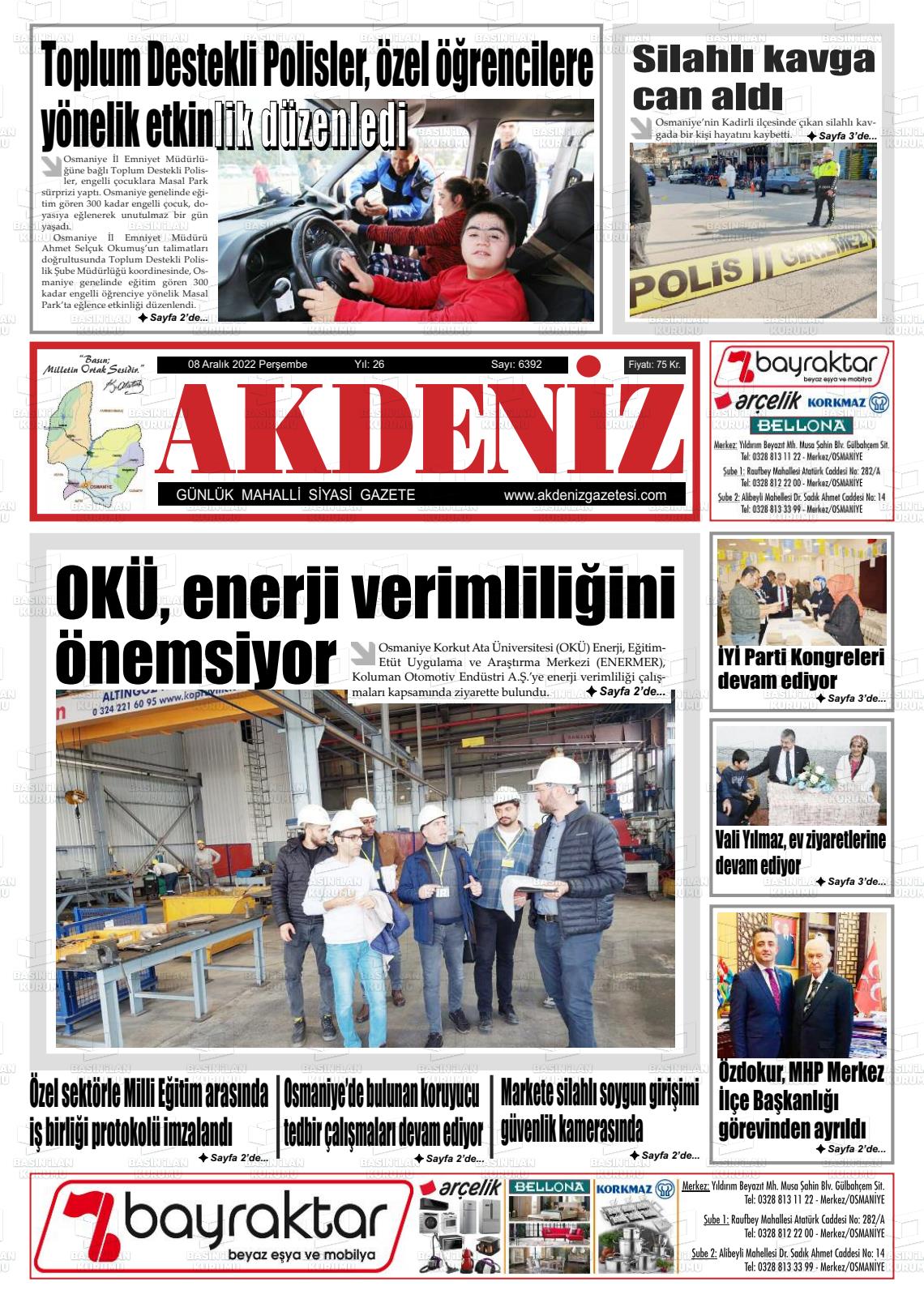 08 Aralık 2022 Osmaniye Akdeniz Gazete Manşeti