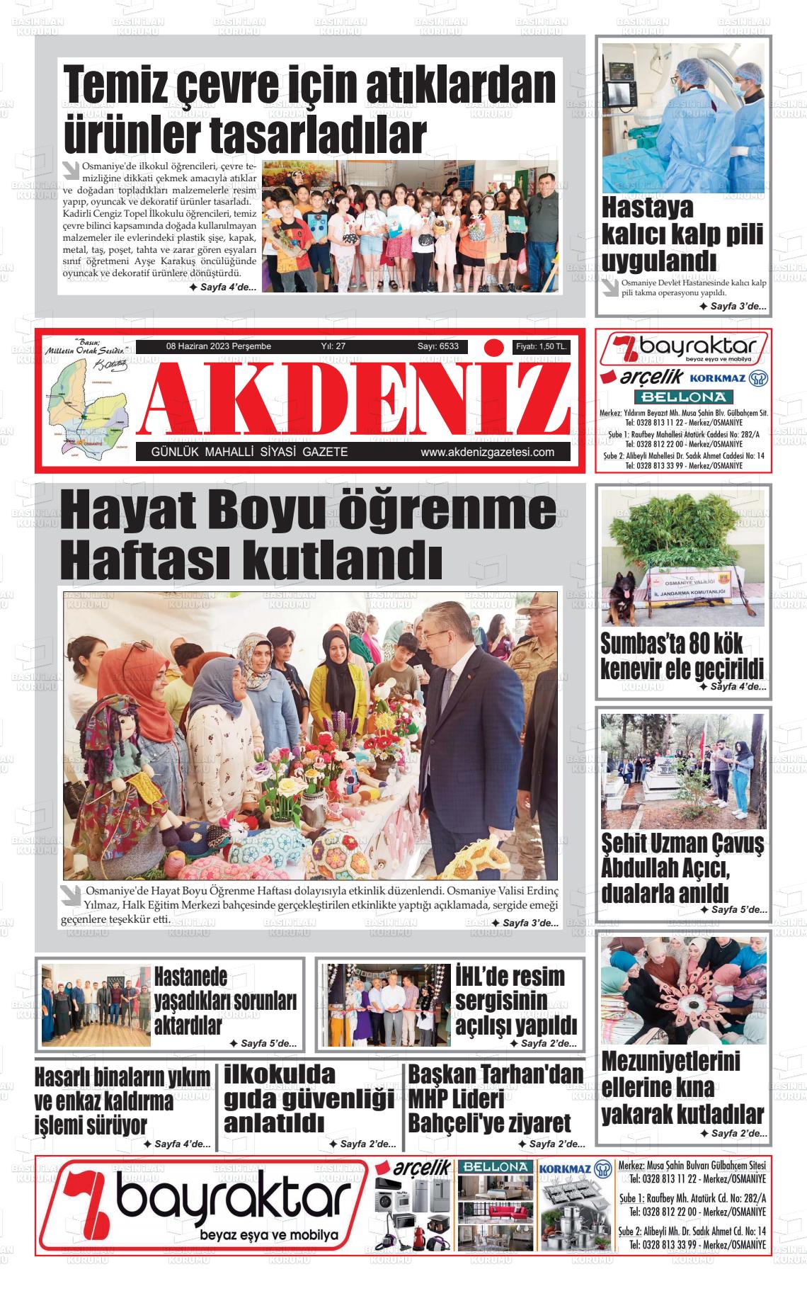 08 Haziran 2023 Osmaniye Akdeniz Gazete Manşeti