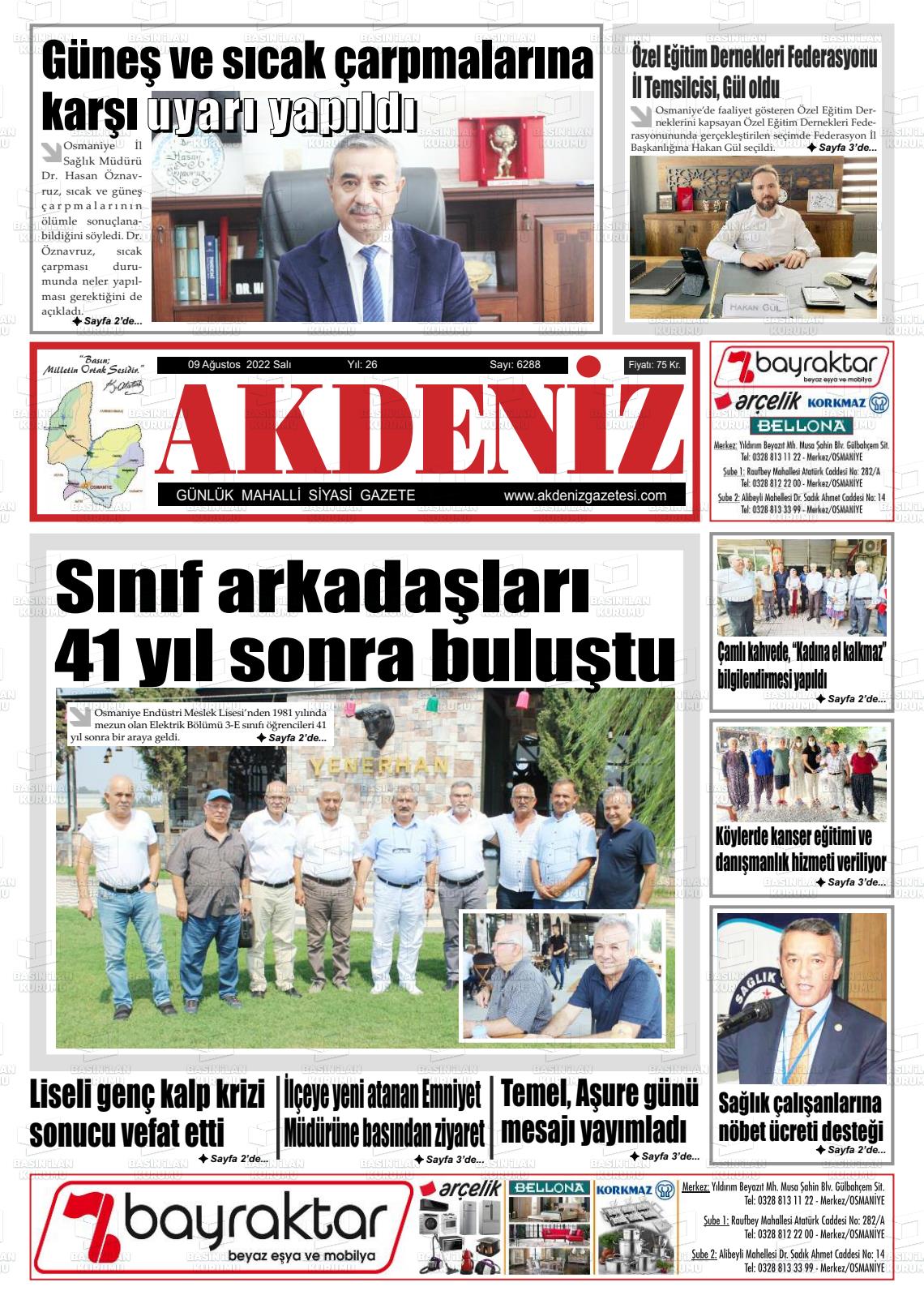 09 Ağustos 2022 Osmaniye Akdeniz Gazete Manşeti