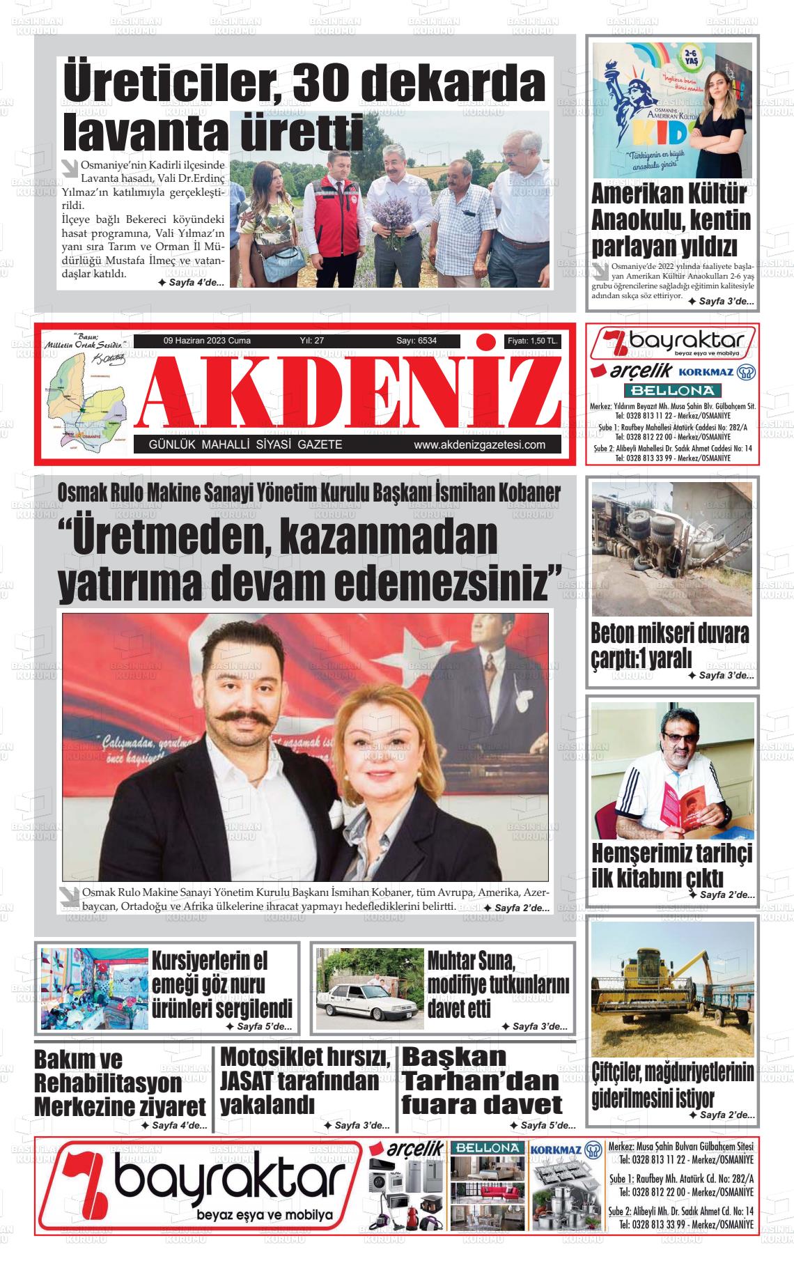 09 Haziran 2023 Osmaniye Akdeniz Gazete Manşeti