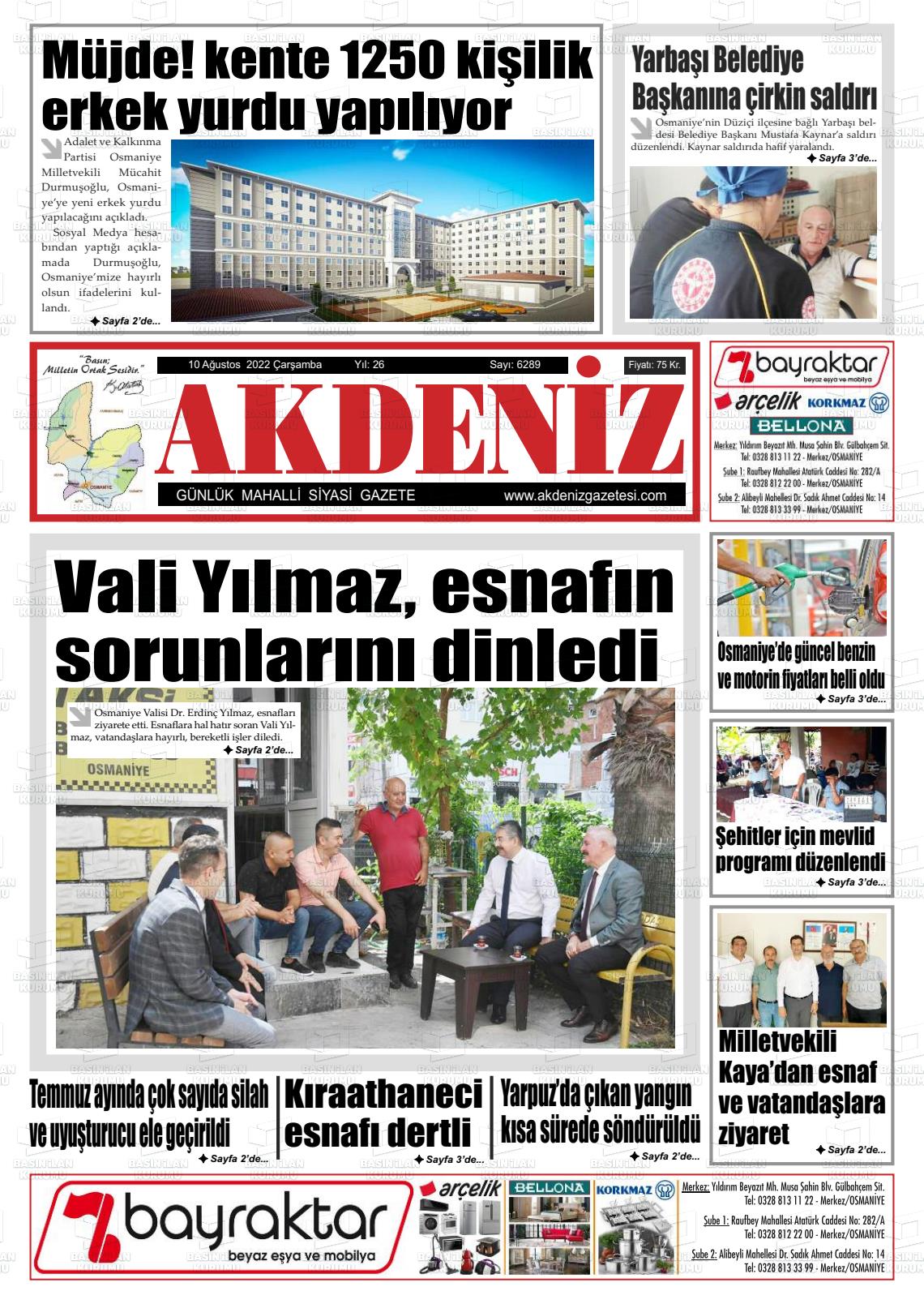 10 Ağustos 2022 Osmaniye Akdeniz Gazete Manşeti