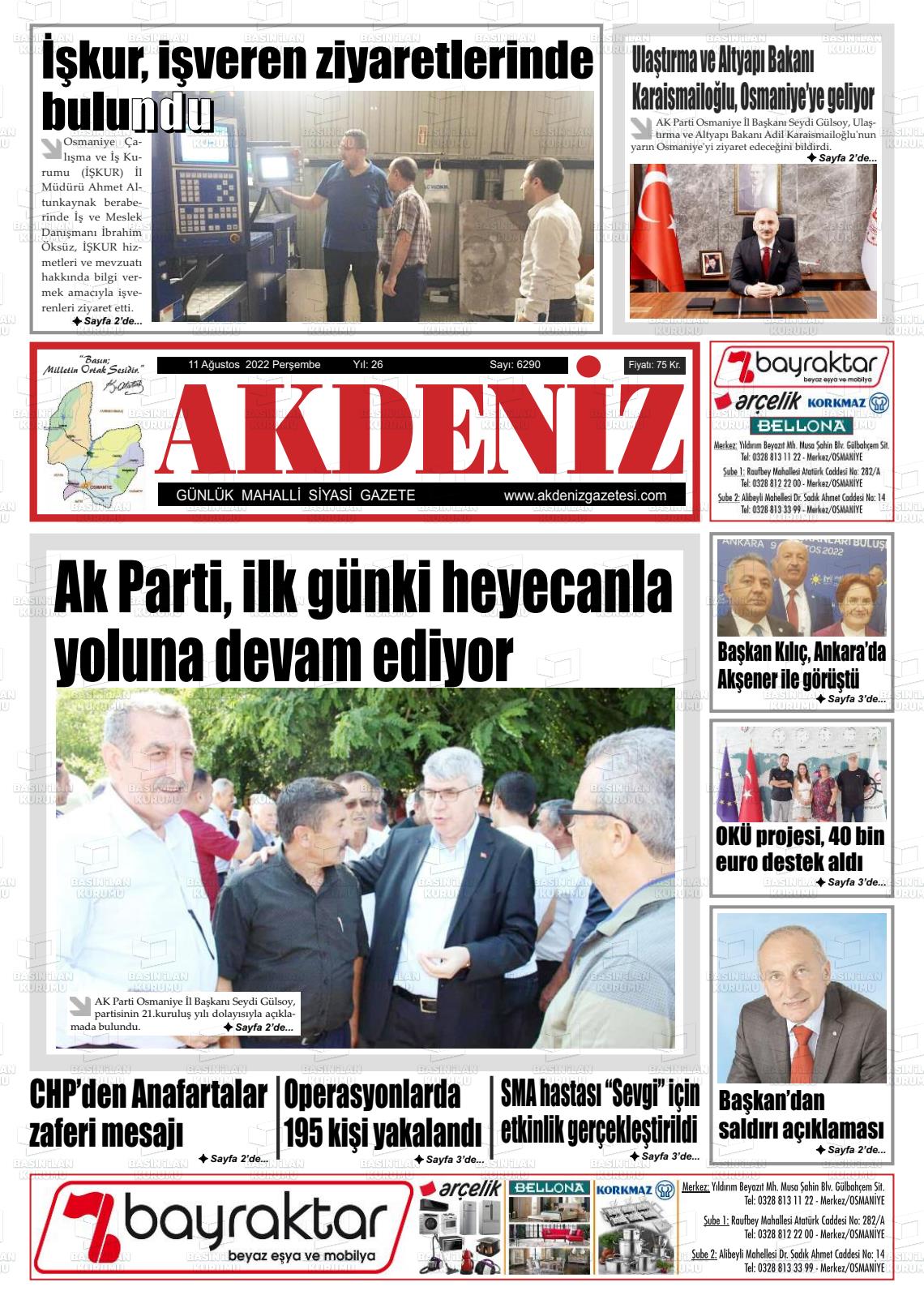 11 Ağustos 2022 Osmaniye Akdeniz Gazete Manşeti