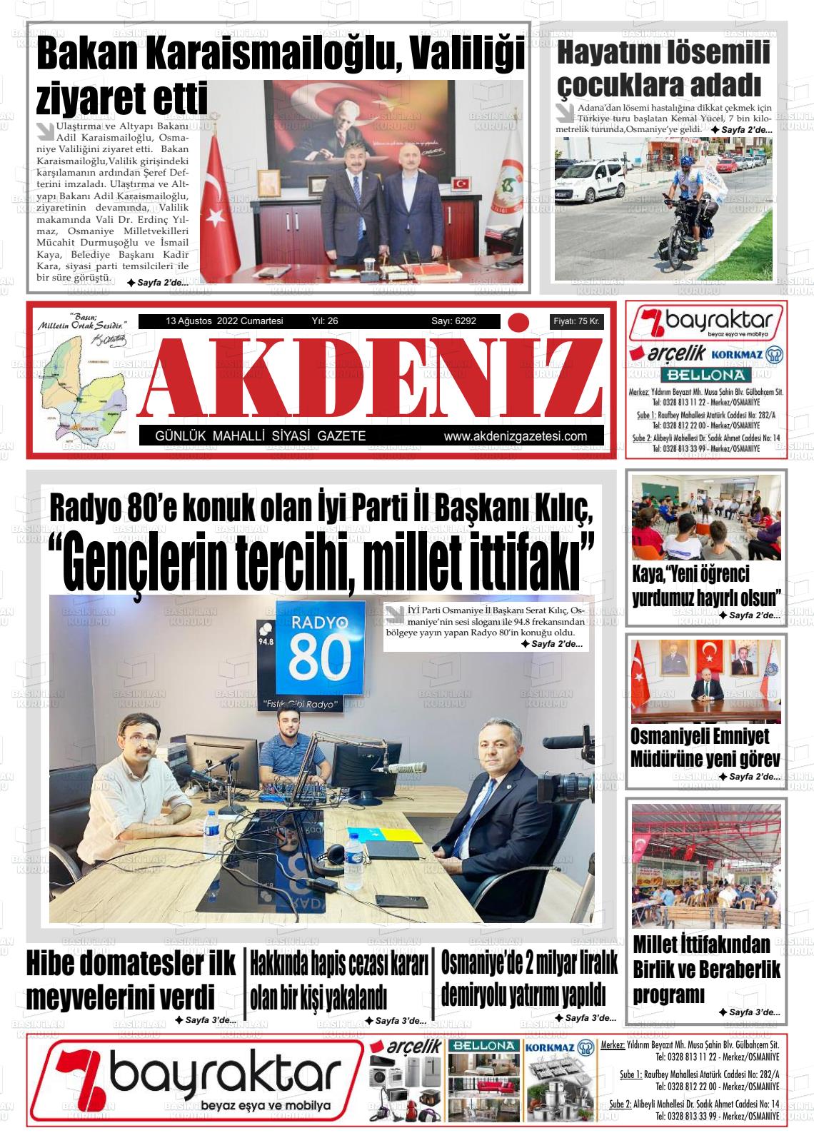 13 Ağustos 2022 Osmaniye Akdeniz Gazete Manşeti