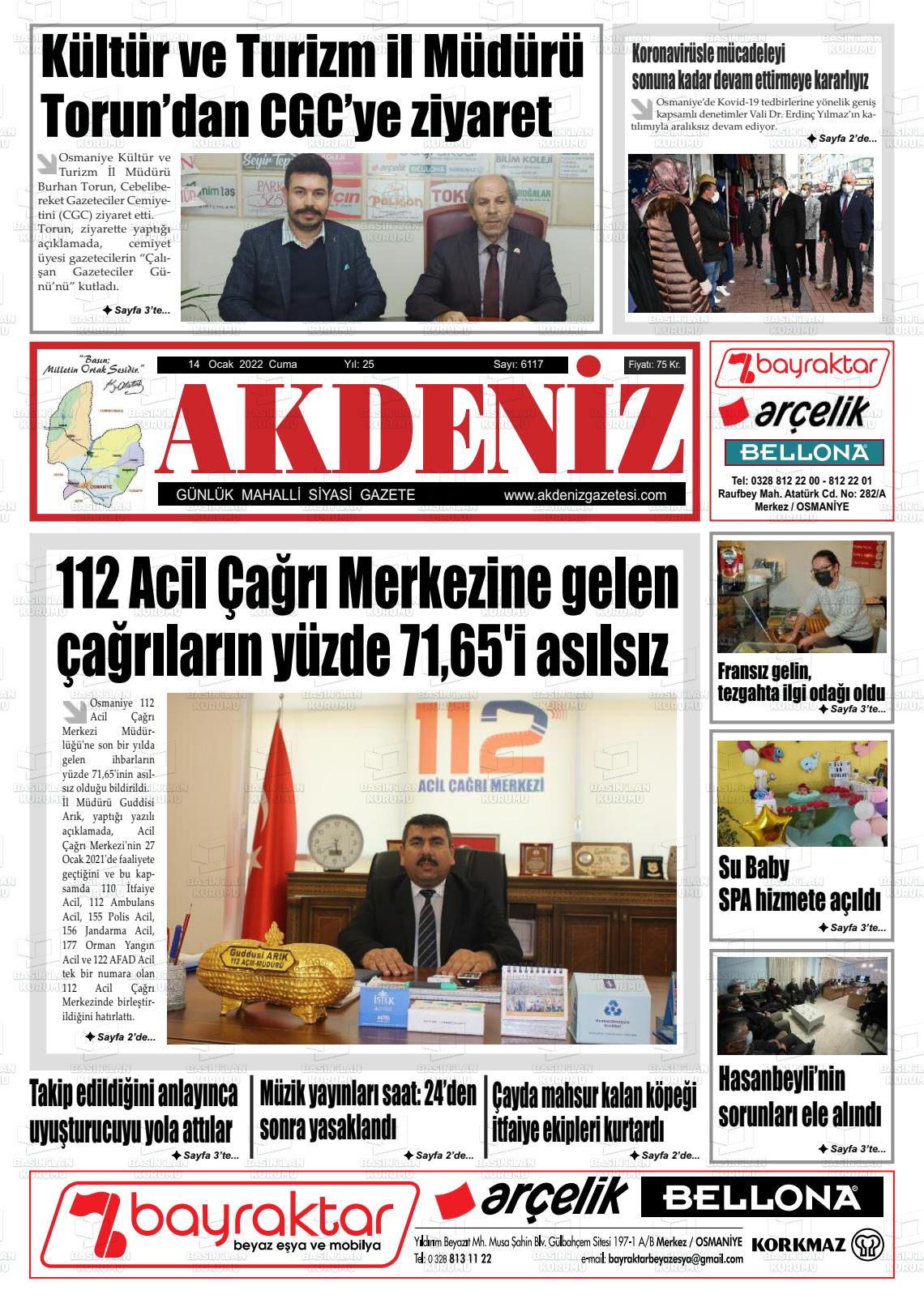 14 Ocak 2022 Osmaniye Akdeniz Gazete Manşeti