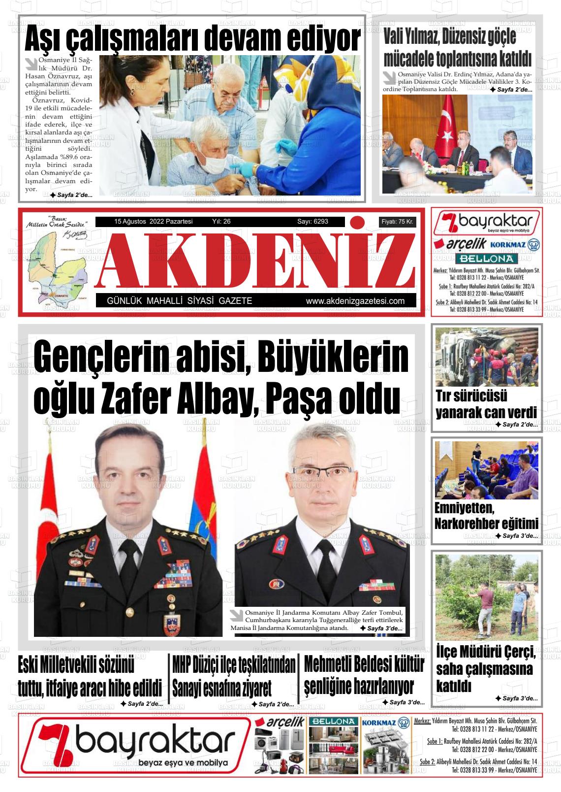 15 Ağustos 2022 Osmaniye Akdeniz Gazete Manşeti
