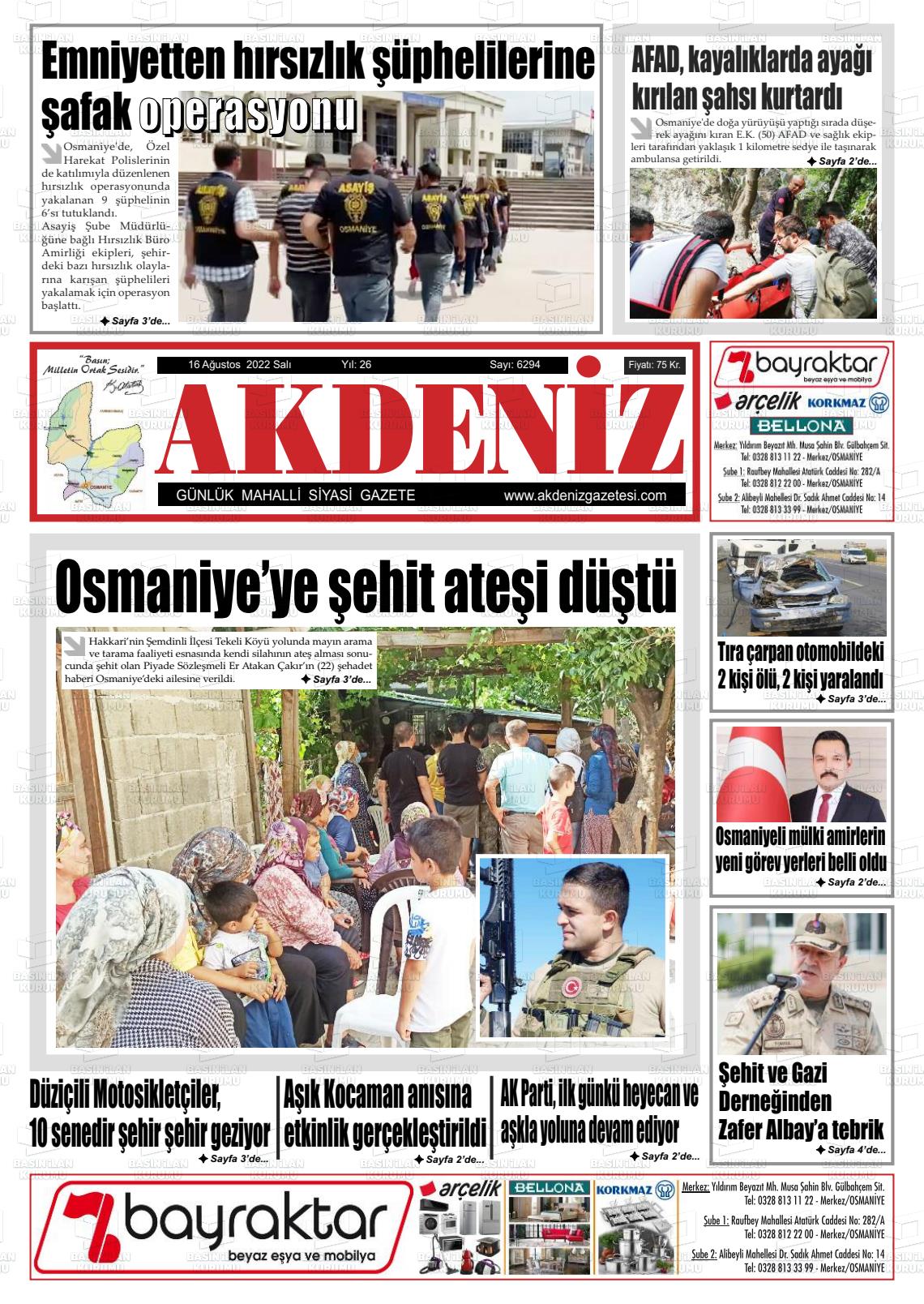 16 Ağustos 2022 Osmaniye Akdeniz Gazete Manşeti