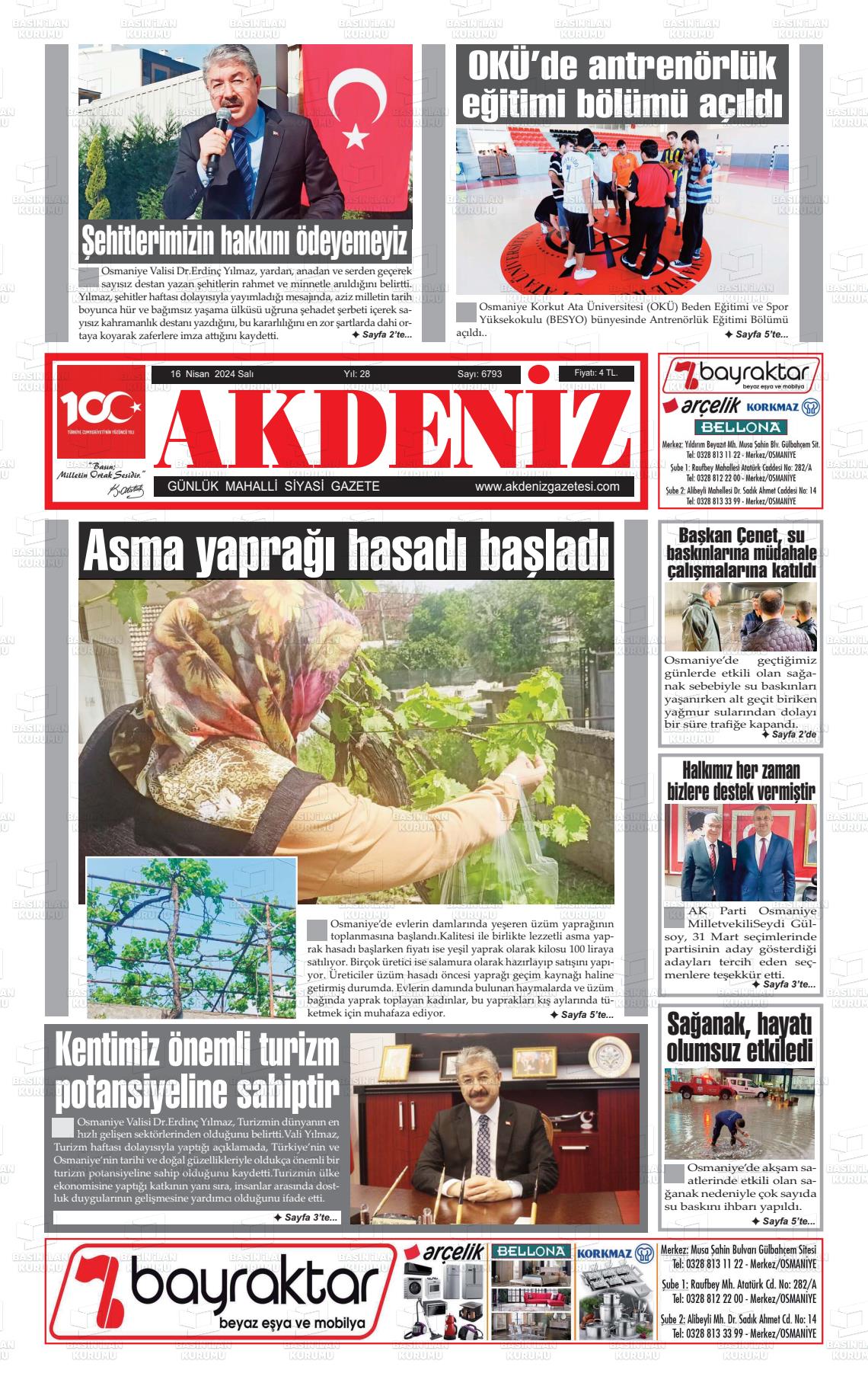 18 Nisan 2024 Osmaniye Akdeniz Gazete Manşeti