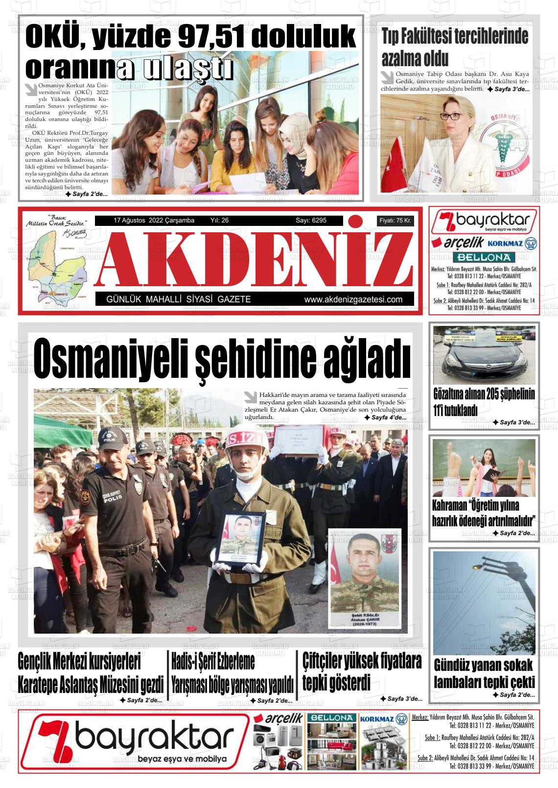 17 Ağustos 2022 Osmaniye Akdeniz Gazete Manşeti