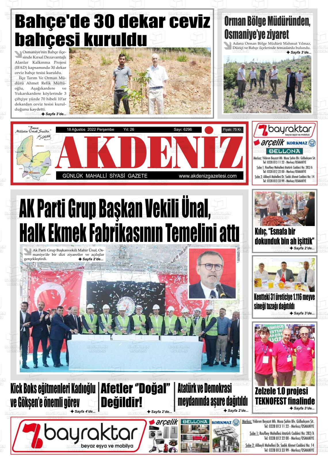 18 Ağustos 2022 Osmaniye Akdeniz Gazete Manşeti