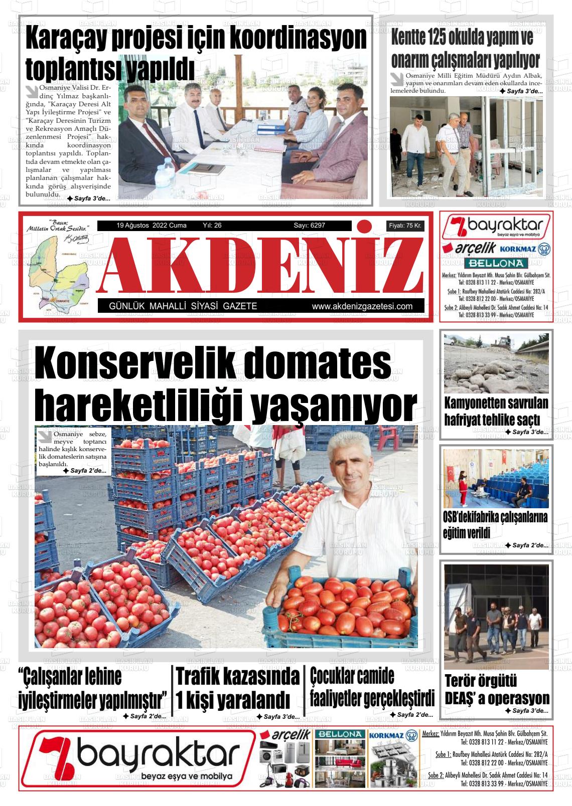 19 Ağustos 2022 Osmaniye Akdeniz Gazete Manşeti